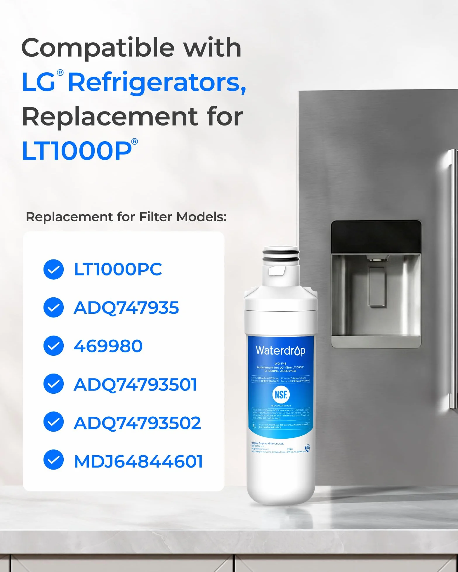 Waterdrop LT1000PC ADQ747935 MDJ64844601 filtr wody do lodówki, zamiennik dla LG® LT1000P®, ADQ74793501, ADQ74793502, Kenmore 46-9980, 9980, certyfikat NSF, opakowanie 3 szt