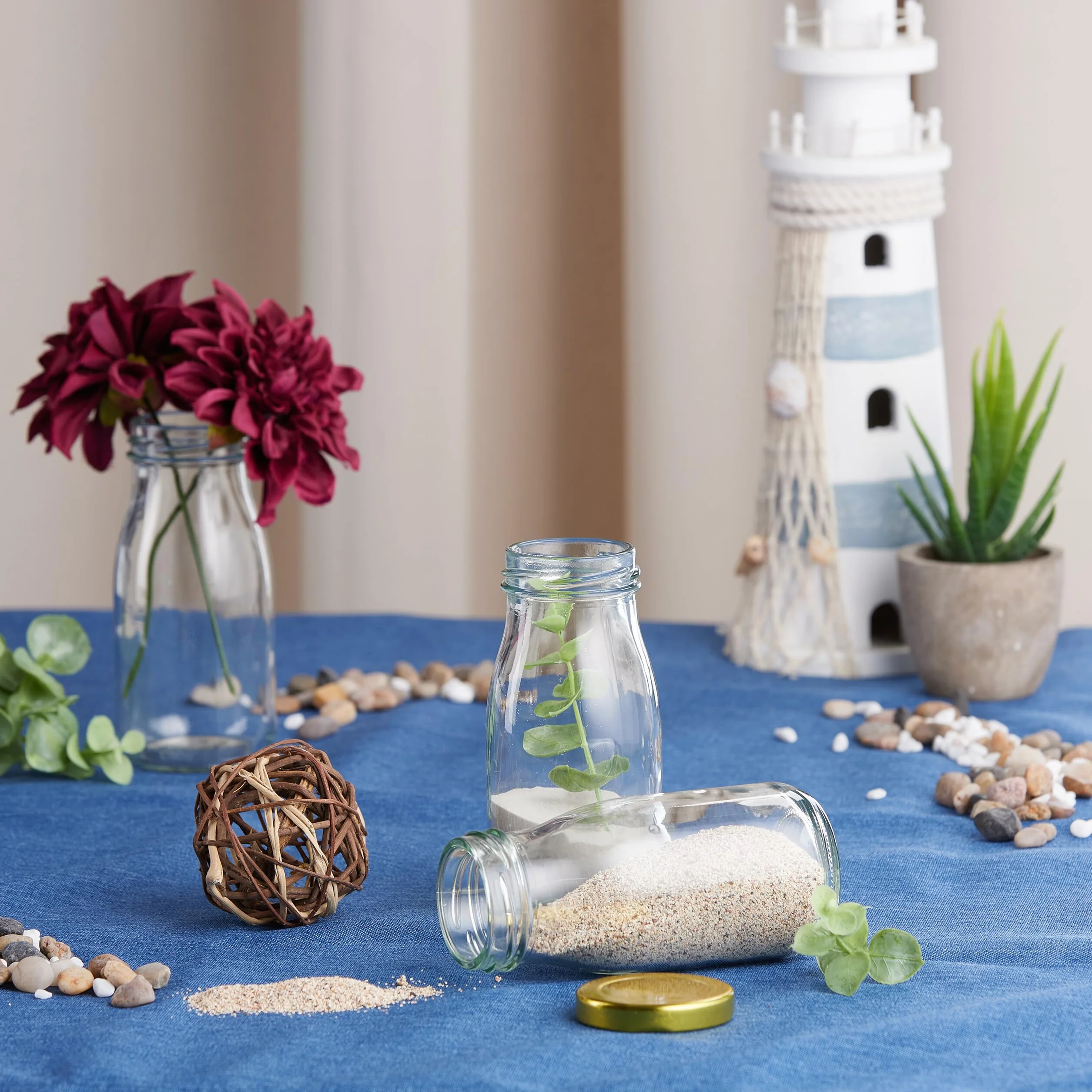 Relaxdays 24 szklane butelki 150 ml, z zakrętką, do smoothie, soku, mleka, wielokrotnego napełniania, przezroczyste/złote