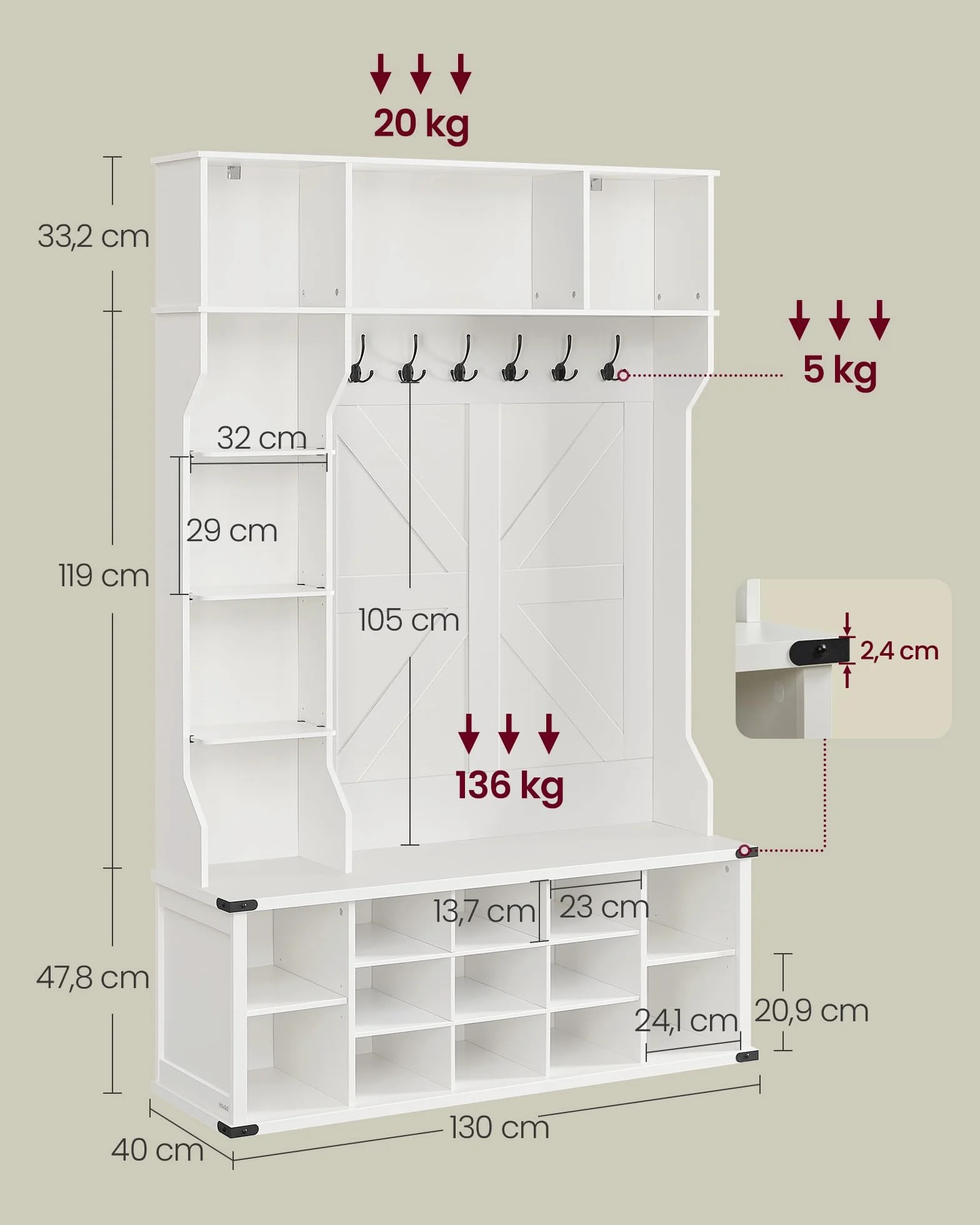 VASAGLE Wieszak na ubrania, szafa, mebel do przedpokoju z półką na buty, regulowane półki, 20 otwartych przegródek, 6 potrójnych haczyków, wolnostojący, do przedpokoju, kolor Cloud White HSR440W03