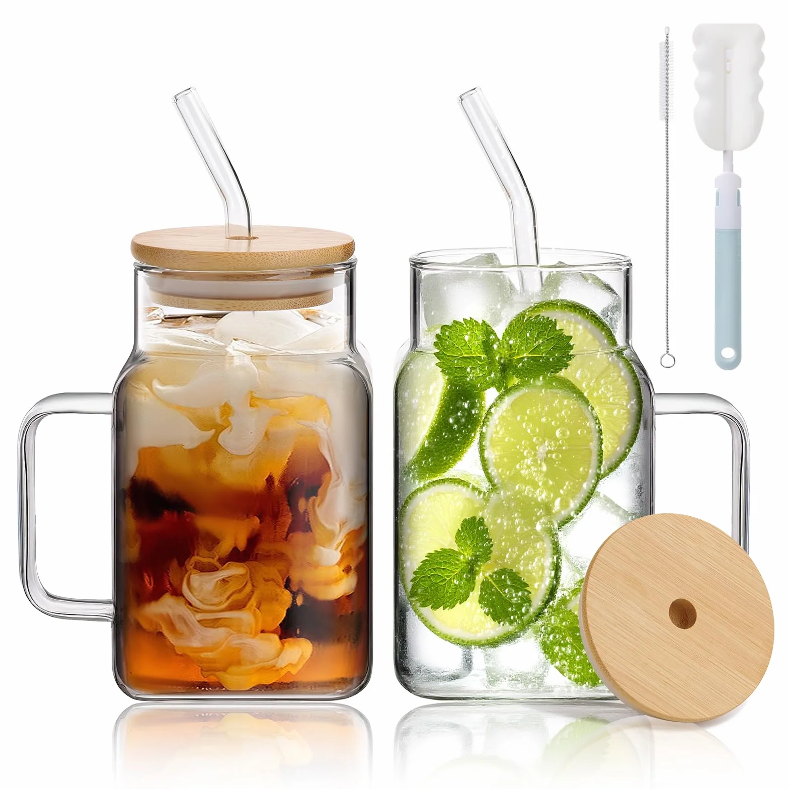 2 Sztuki Szklanki ze Słomką, Szklanka do Piwa 600 ml, Kwadratowa Szklana, Szkło Borokrzemowe, z Bambusową Pokrywką, do Wody, Koktajli Mlecznych, Soków, Koktajli, Piwa, Sody
