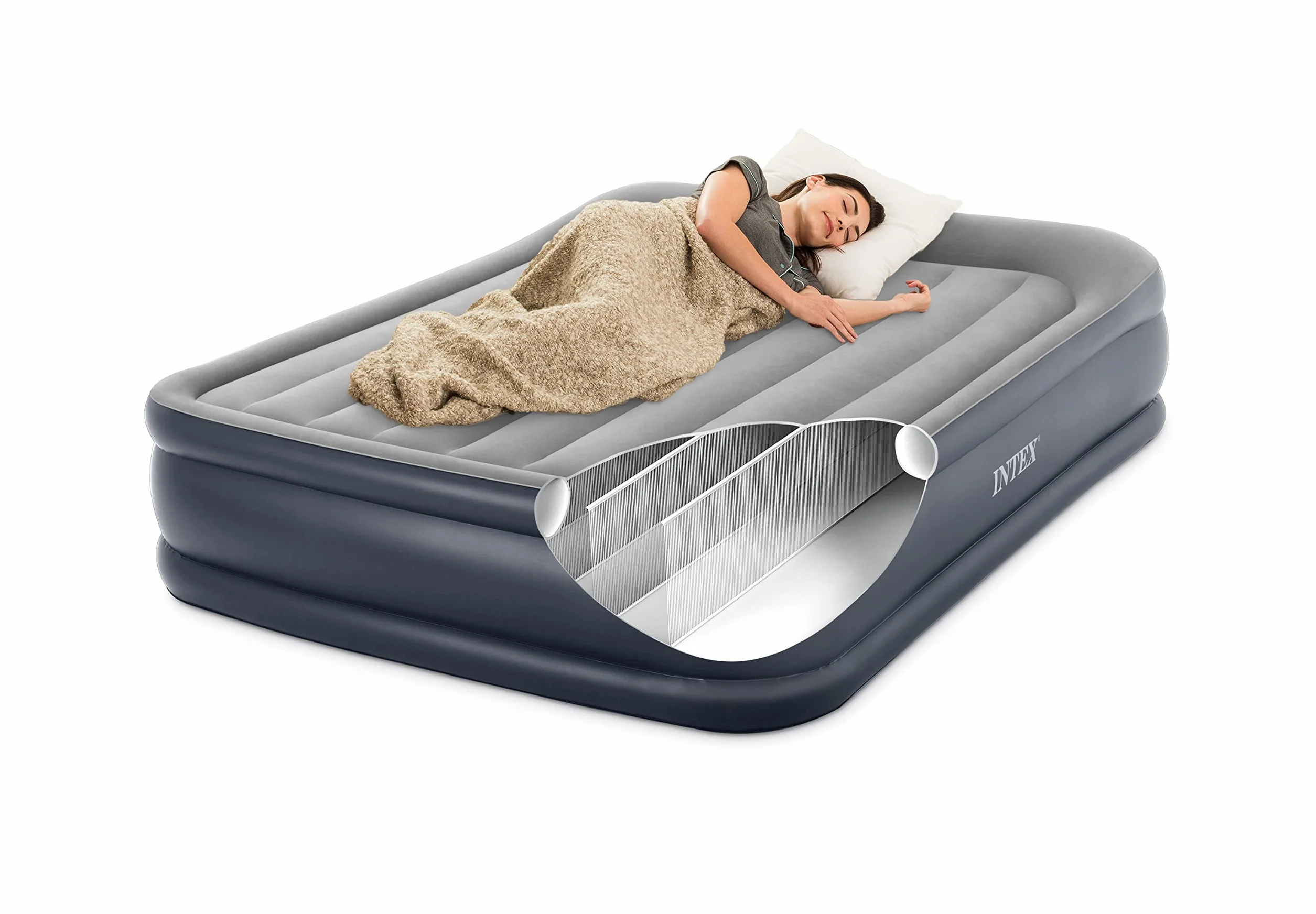 Intex 64136ND - Materasso Dura-Beam Pillow Rest Deluxe Matrimoniale, Bicolore, con Pompa Elettrica Incorporata, 152x203x42 cm