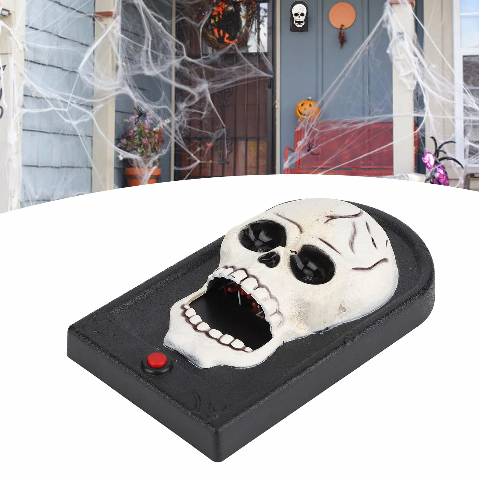 Upiorny dzwonek do drzwi wystający język kryty wystrój na zewnątrz łatwy w użyciu do nawiedzonego domu Escape Room Halloween dzwonek do dekoracji: Kształt czaszki