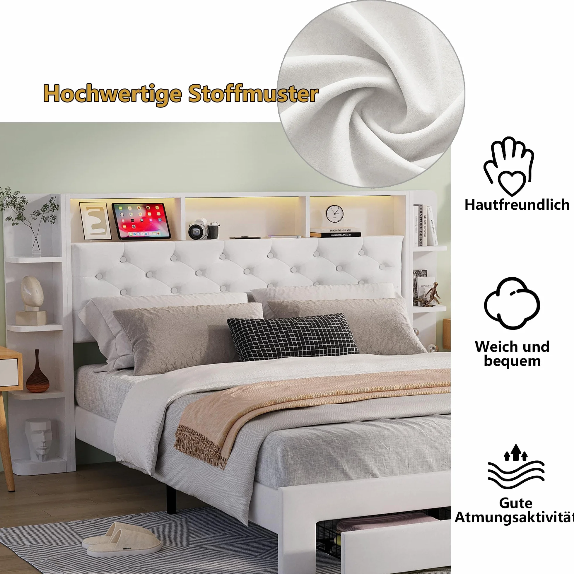 Łóżko dwuosobowe 160 x 200 z miejscem do przechowywania, łóżko szufladowe ze stelażem, łóżka dla dorosłych z oświetleniem LED i portem ładowania USB, dla nastolatków i dorosłych, flanela (biały, 160 ×