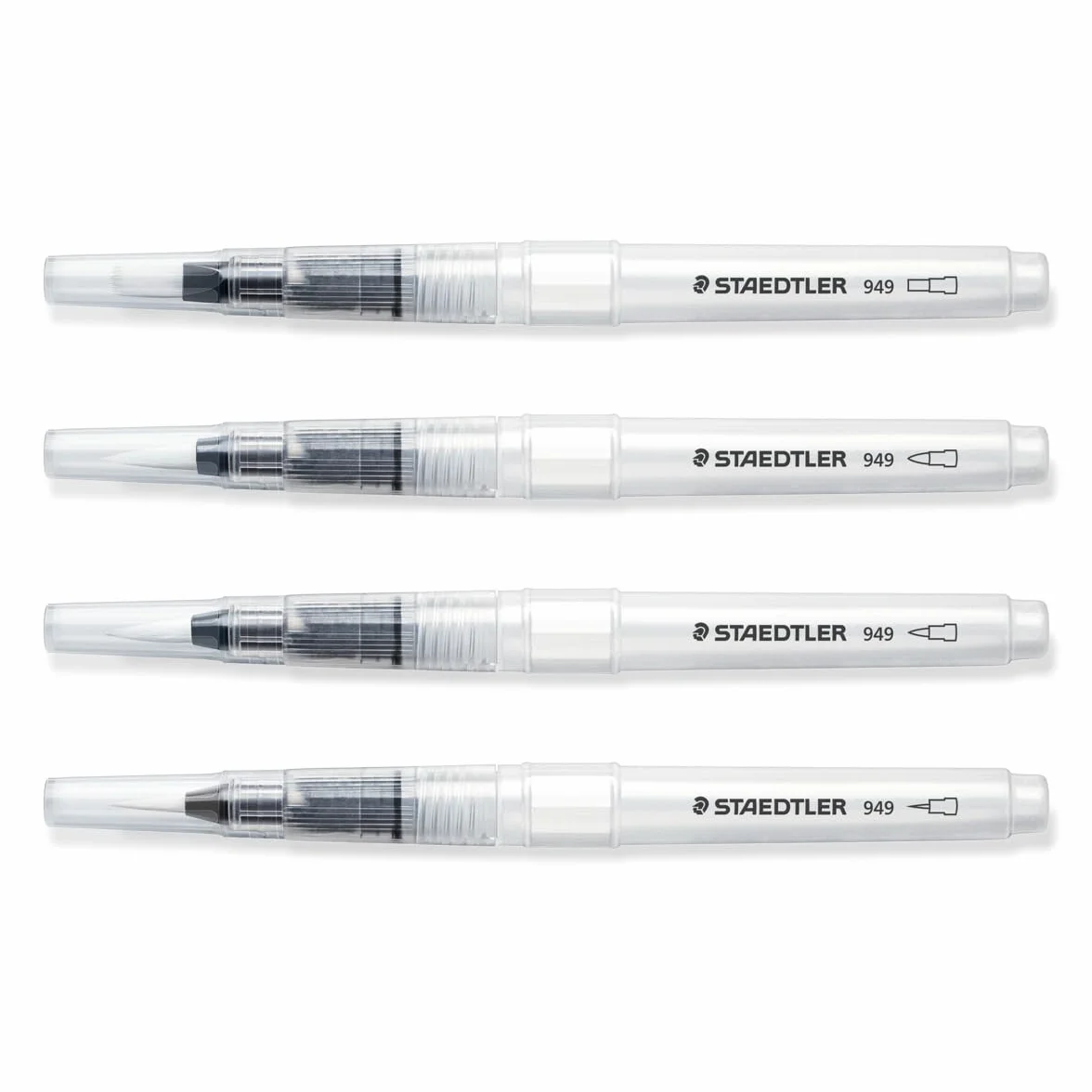 STAEDTLER 949-SBK4-C pędzel wodny (do akwareli, malowania i blendowania, równomierne odprowadzanie wody, wytrzymała nylonowa końcówka zapewnia stabilność kształtu, zestaw z 4 różnymi końcówkami)