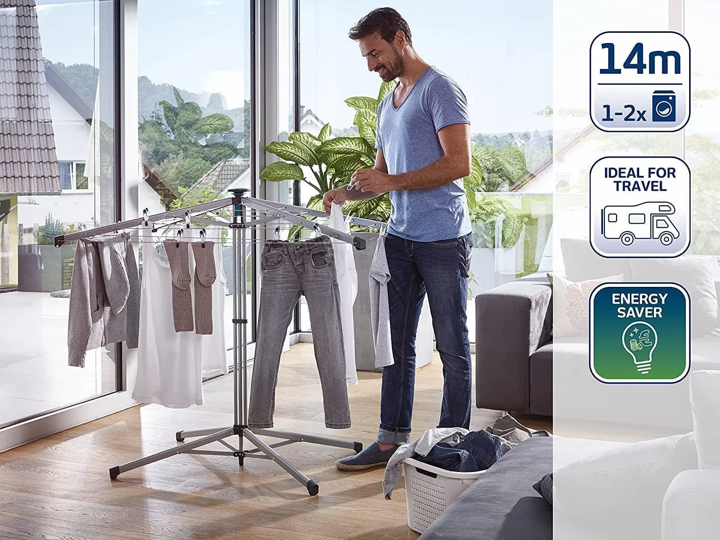 Leifheit Suszarka stojąca LinoPop-Up 140, suszarka na pranie z czterema ramionami lnianymi, zajmuje mało miejsca, wolnostojąca suszarka na pranie, linka do prania 14 m, otwieranie za naciśnięciem