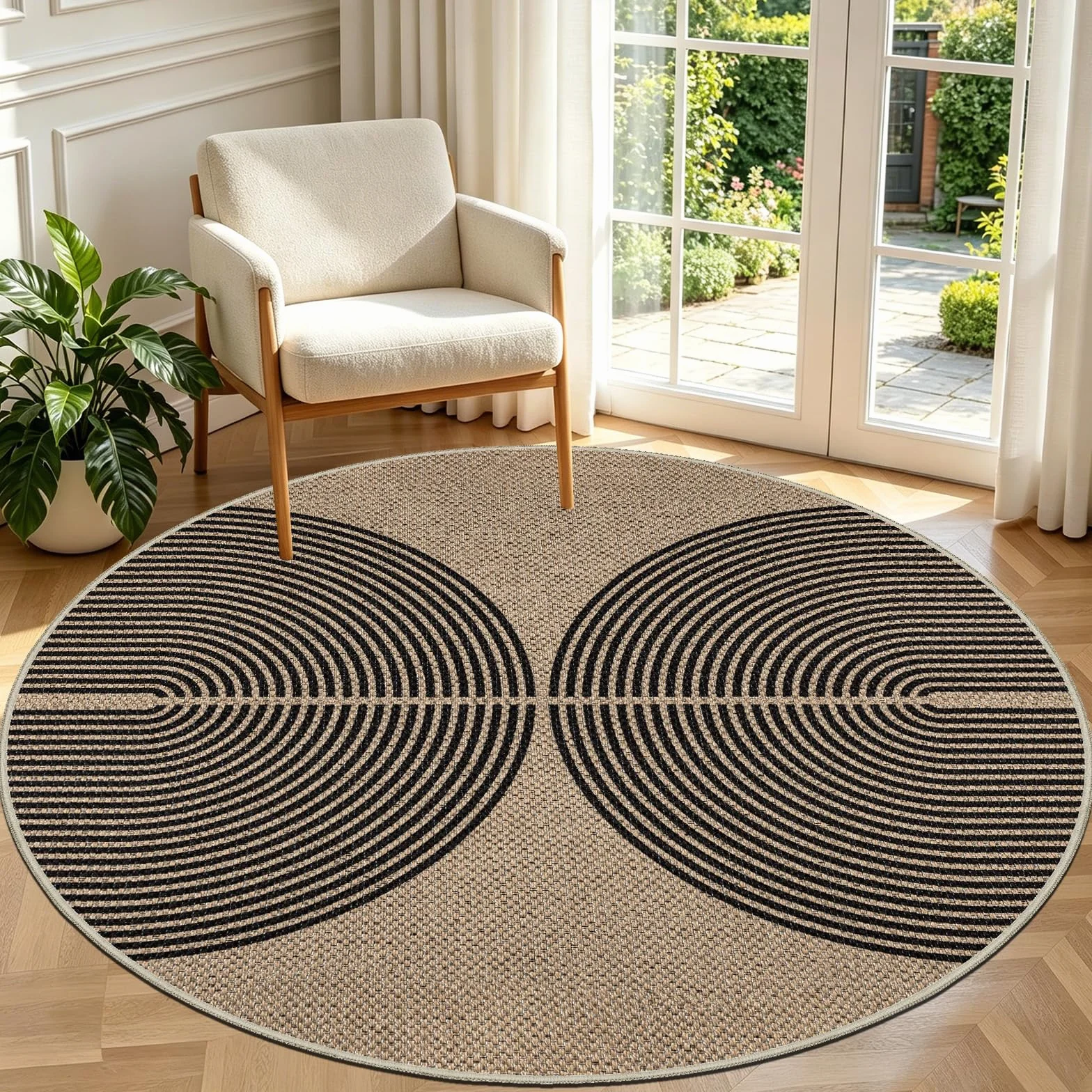 Capslpad Dywan do salonu, okrągły, 160 x 160 cm, wygląd juty, naturalny, okrągły, nadaje się do prania, antypoślizgowy dywan do salonu, sypialni, biura, czarny