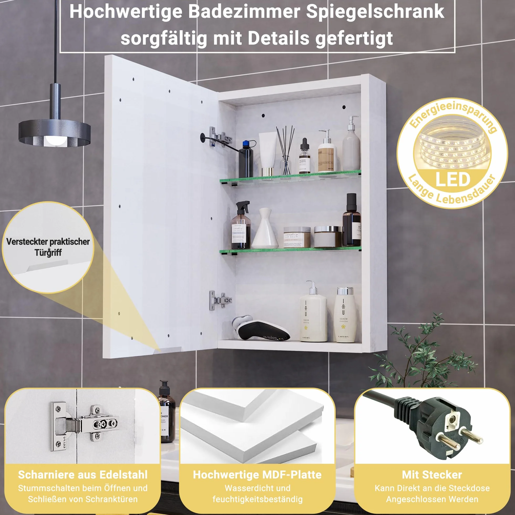Lustro łazienkowe z oświetleniem LED, szafka z lustrem, lustro ścienne z 3 temperaturami barwowymi, ściemnialne z przełącznikiem dotykowym, szafka łazienkowa z półką, niepotęgujące 50x70cm