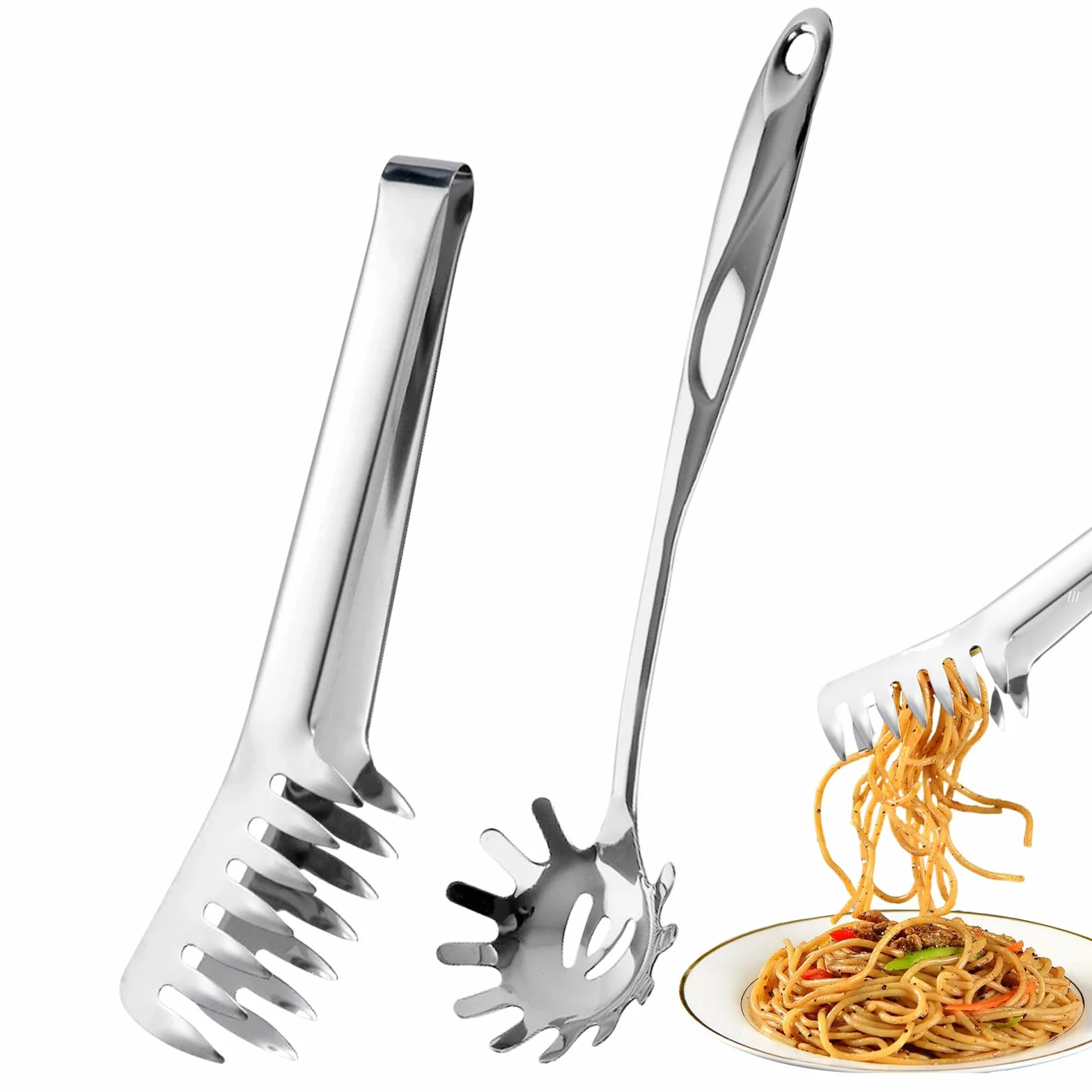 2 sztuki łyżek do spaghetti i szczypce do makaronu ze stali nierdzewnej z ząbkami i ergonomicznym uchwytem, łyżka do makaronu Hängba, nadaje się do mycia w zmywarce, łyżeczki do makaronu do pieczenia