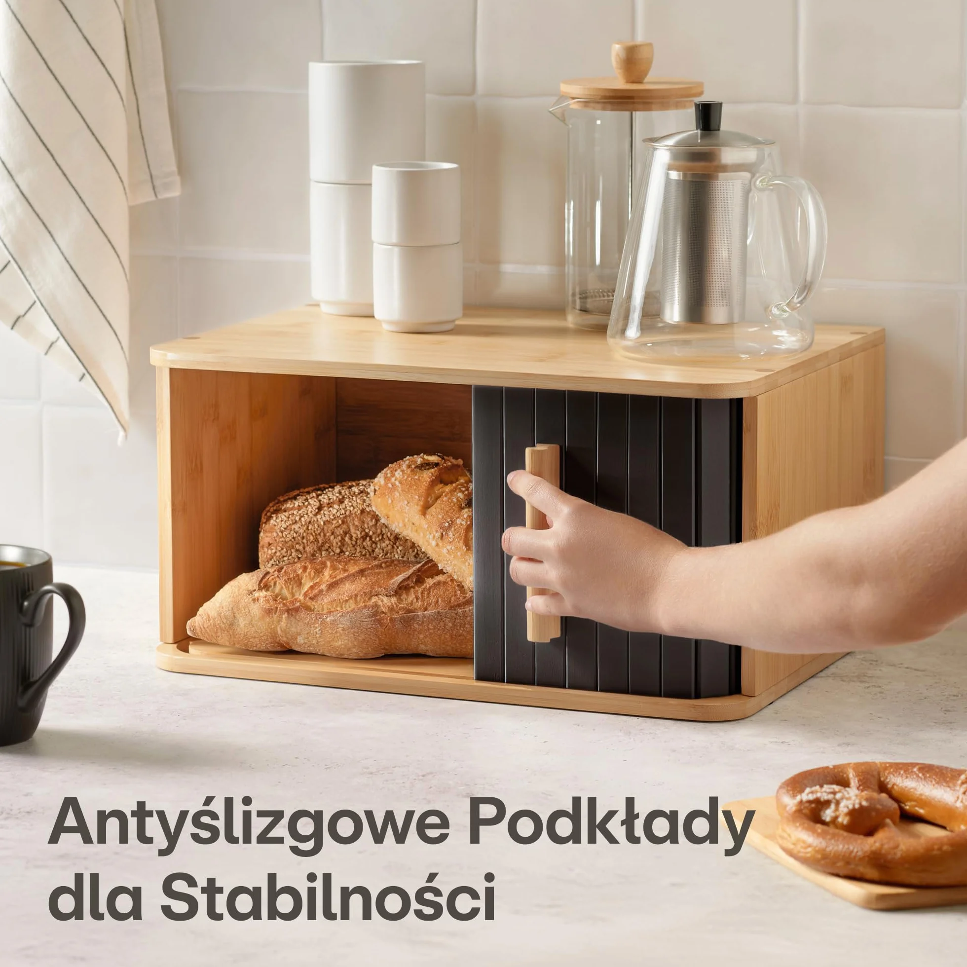 Bambusowy Pojemnik Na Chleb Duży - Fsc® Z Przesuwanymi Drzwiczkami - Przechowywanie Pieczywa 40 x 28cm - Oszczędza Miejsce - Dłużej Zachowuje Świeżość - Czarny