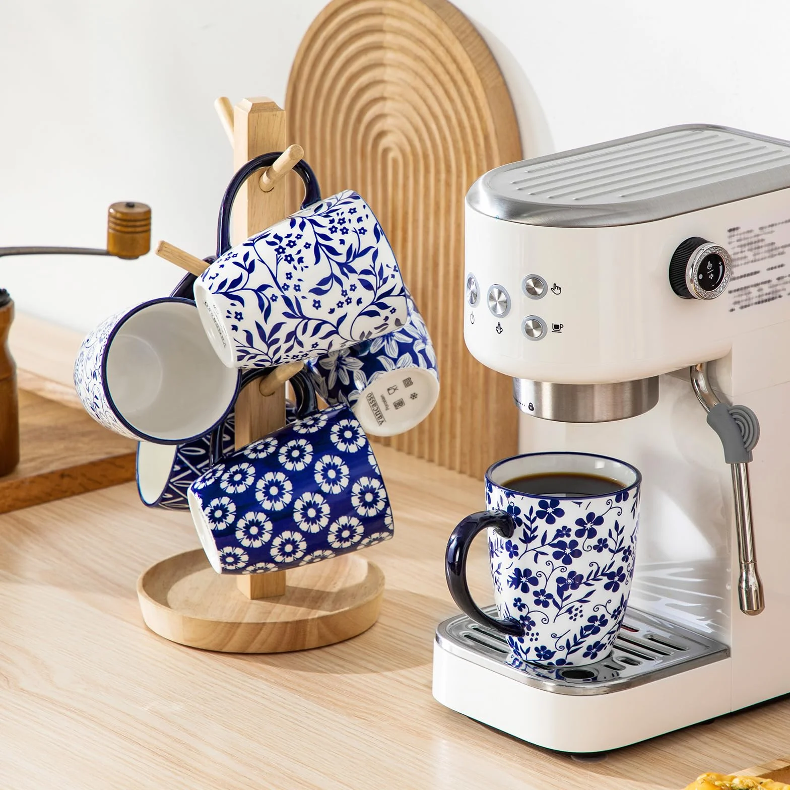 vancasso Zestaw 6 filiżanek do kawy, SELENE filiżanki z porcelany, 360 ml kubek do kawy z uchwytem, filiżanka do kawy, mleka, herbaty i kakao, vintage niebiesko-biały