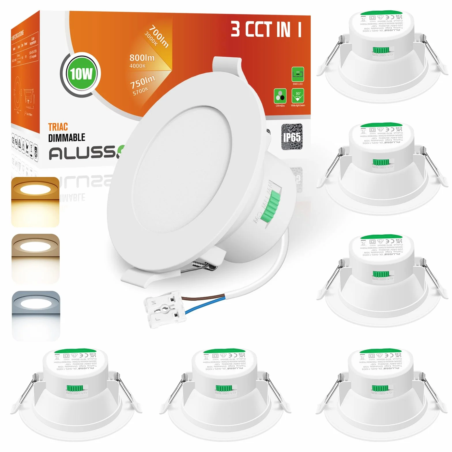 ALUSSO Wodoodporny IP65 Wbudowany Ściemniany Punkt LED 230V 10W 800lm Oświetlenie Sufitowe 3000K 4000K 5700K Regulowany Wbudowany Reflektor do Łazienki i Salonu, Opakowanie 6szt., Okrągły, Biały