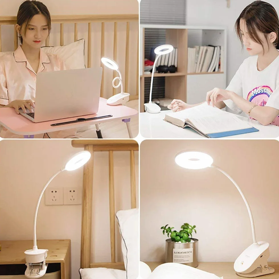 Lampa do czytania z klipsem, zasilana bateriami z 3 poziomami jasności, ładowana przez USB