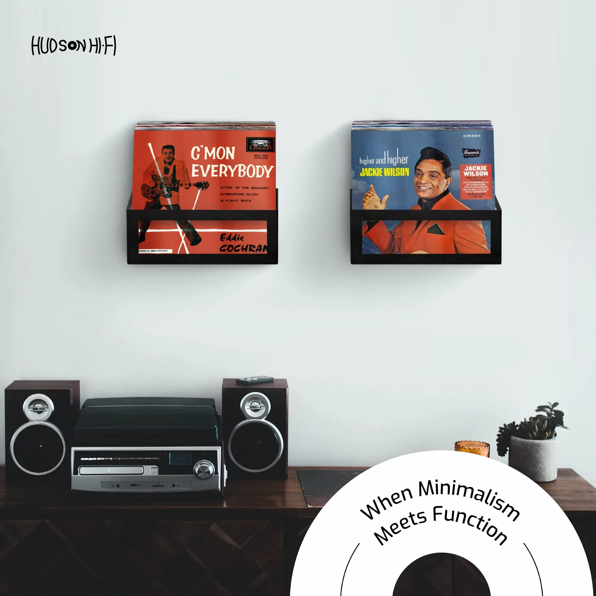 Hudson Hi-Fi Wall Mount Vinyl Record Storage 25-Album Display Holder - Black Satin - Two Pack