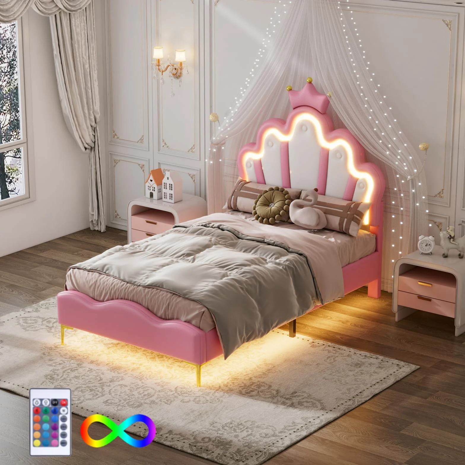 KeepGoon Łóżko dziecięce, tapicerowane, 90 x 200 cm, ze stelażem listwowym i oświetleniem LED, płaskie łóżko z zagłówkiem w kształcie chmury, łóżko księżniczki, w kształcie korony, miękkie wypełnienie