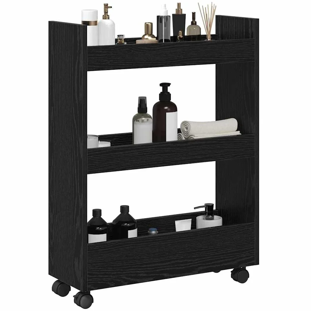 vidaXL Wąski Wózek do Przechowywania Czarny Dąb 60 x 22 x 80 cm, Nowoczesny wózek kuchenny, prostokątny design, trwały organizer, wąska konstrukcja do domu