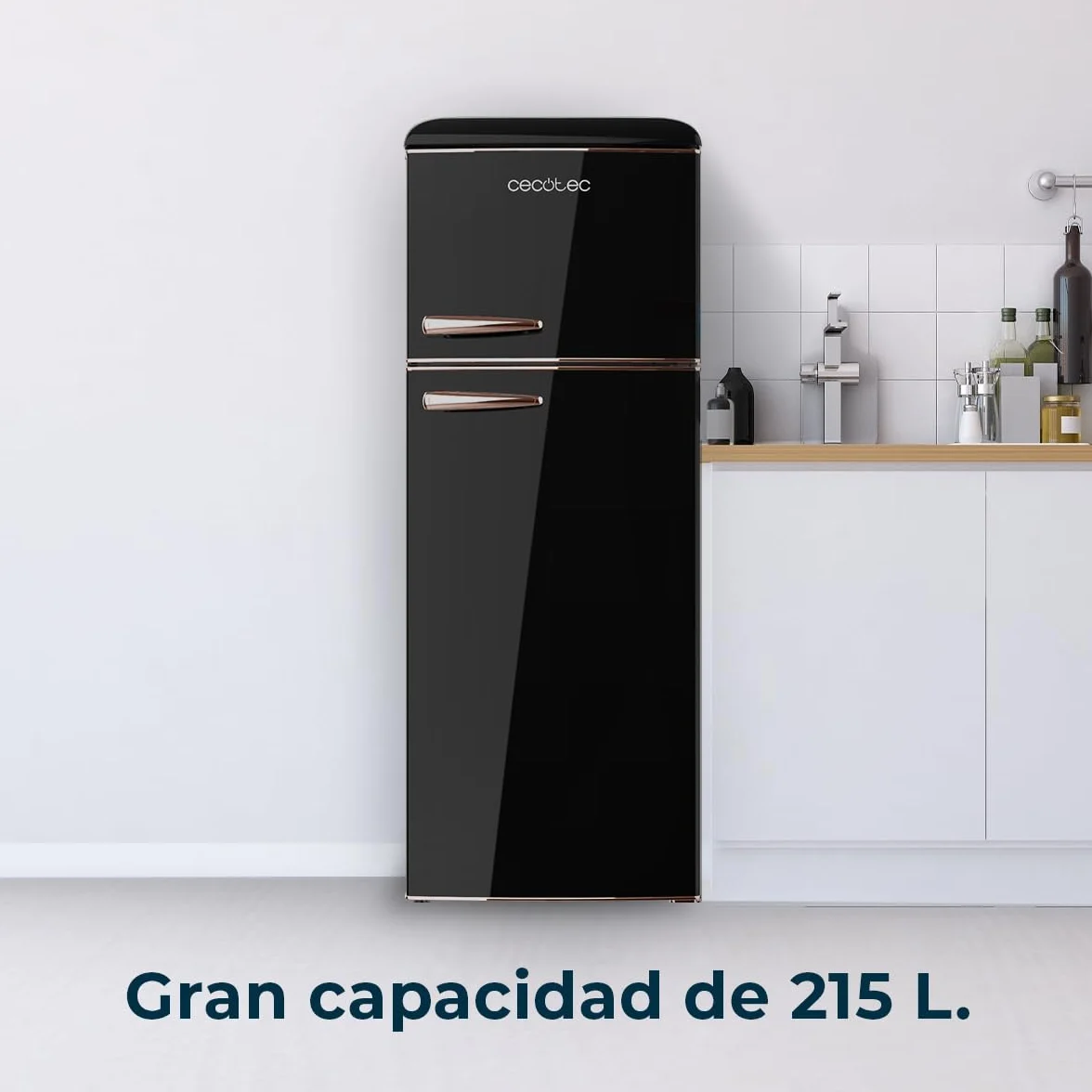 Cecotec 2-drzwiowa lodówka 215 l Bolero CoolMarket 2D Origin 215 Black E. Wysokość 148,2 cm i 55,2 cm szerokości, LED, chromowany uchwyt, szklane tace, regulacja temperatury, czarny
