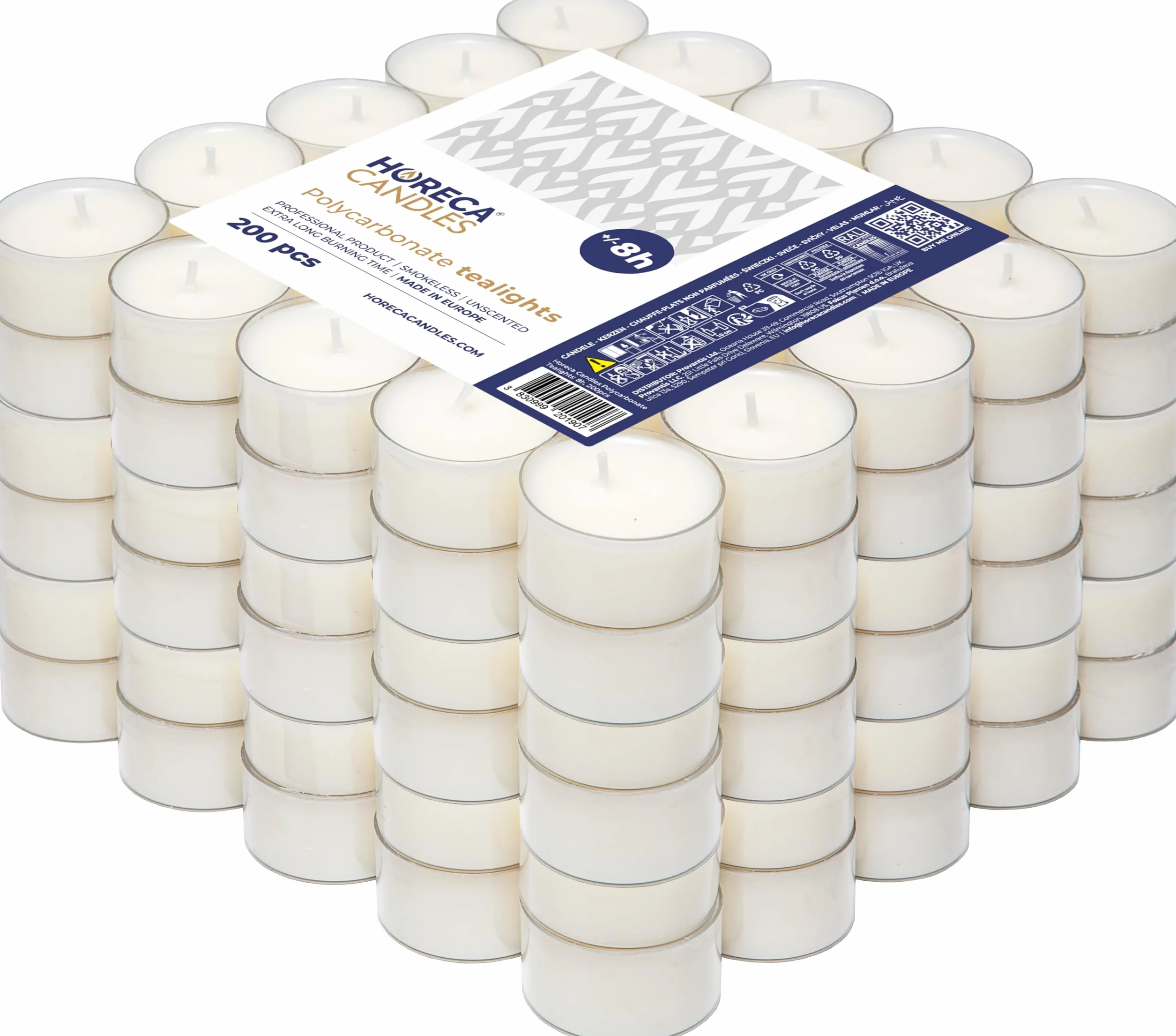 Horeca Candles - 200 białych świec tealight - czas palenia 8 godzin - bezzapachowy, bezzapachowy, 200 sztuk świeczek do herbaty - przezroczysty plastikowy kubek