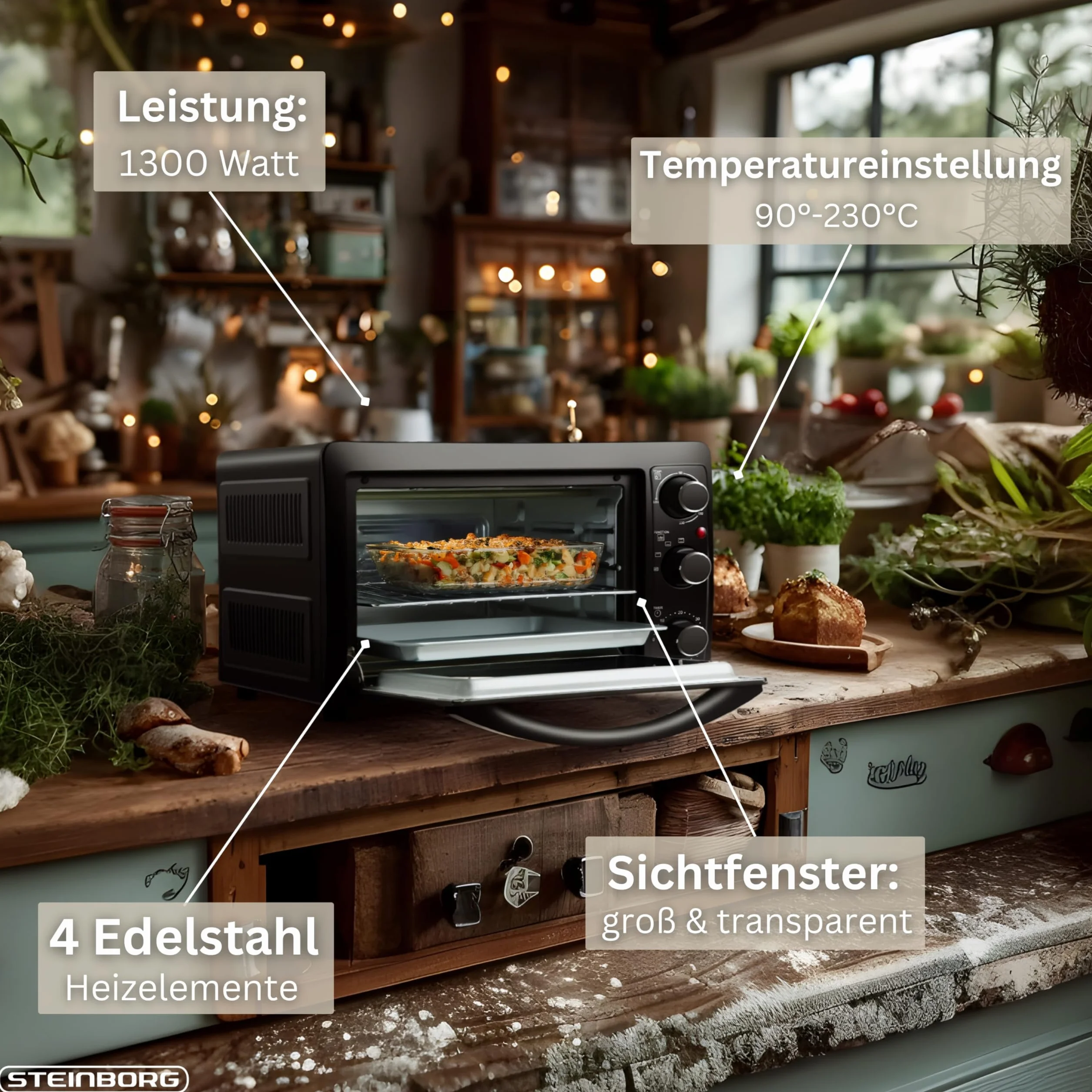 Mini piekarnik 15 l | piec do pizzy | mini piekarnik | minutnik 60 min | 100°-230°C | 1200 W | piekarnik | blacha na okruchy | mini piekarnik | piec kempingowy | mały piekarnik | energooszczędny