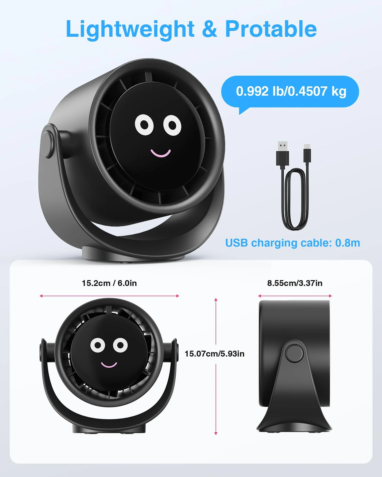 Fitabok Wentylator USB Biurkowy Mini Przenośny 5 Prędkości Obrót 360° Wyświetlacz LED Bateria 4000 mAh