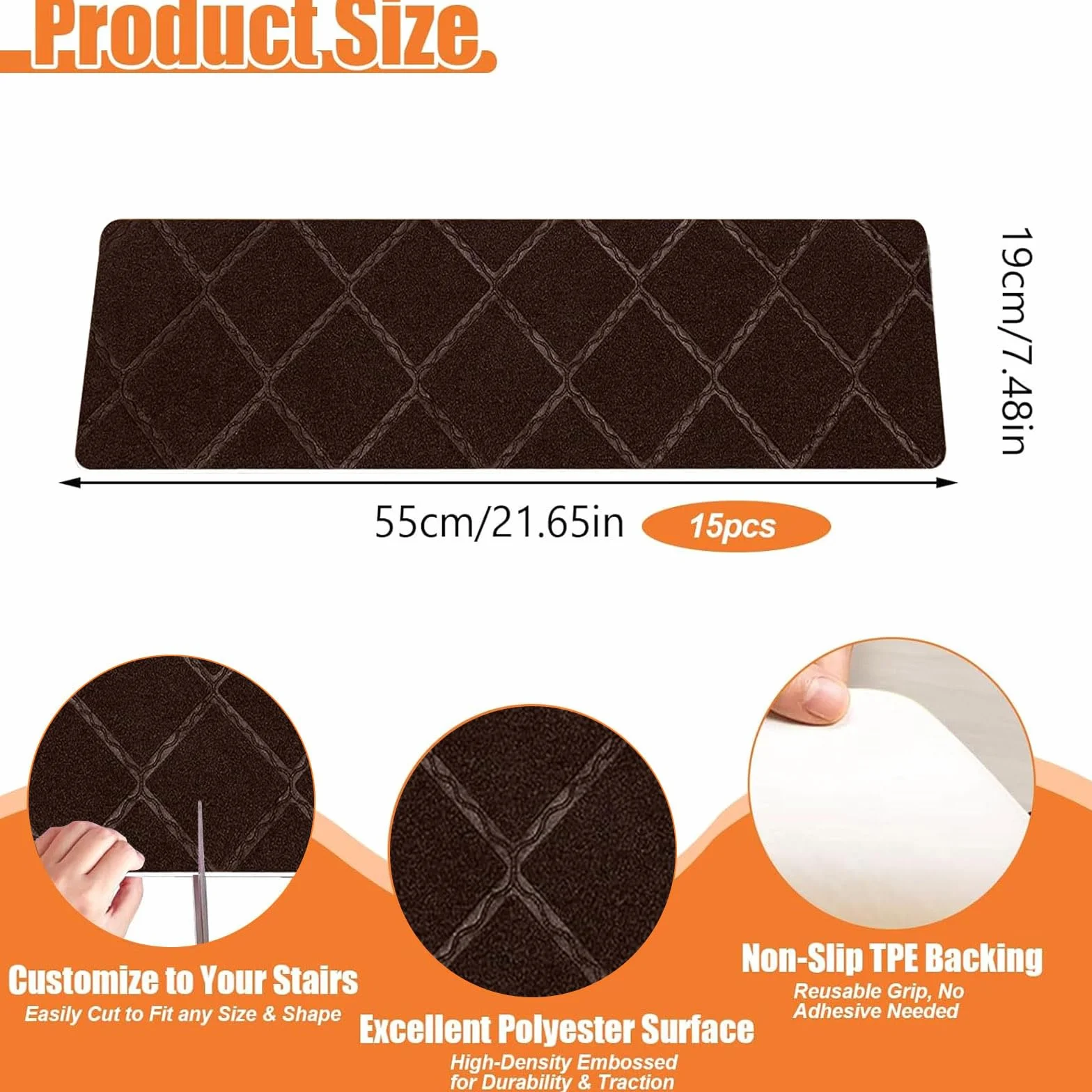 15 sztuk mat na schody, 55 x 19 cm, antypoślizgowe maty na schody, samoprzylepne dywaniki na schody, nadają się do prania w pralce, dla dzieci, osób starszych i zwierząt domowych