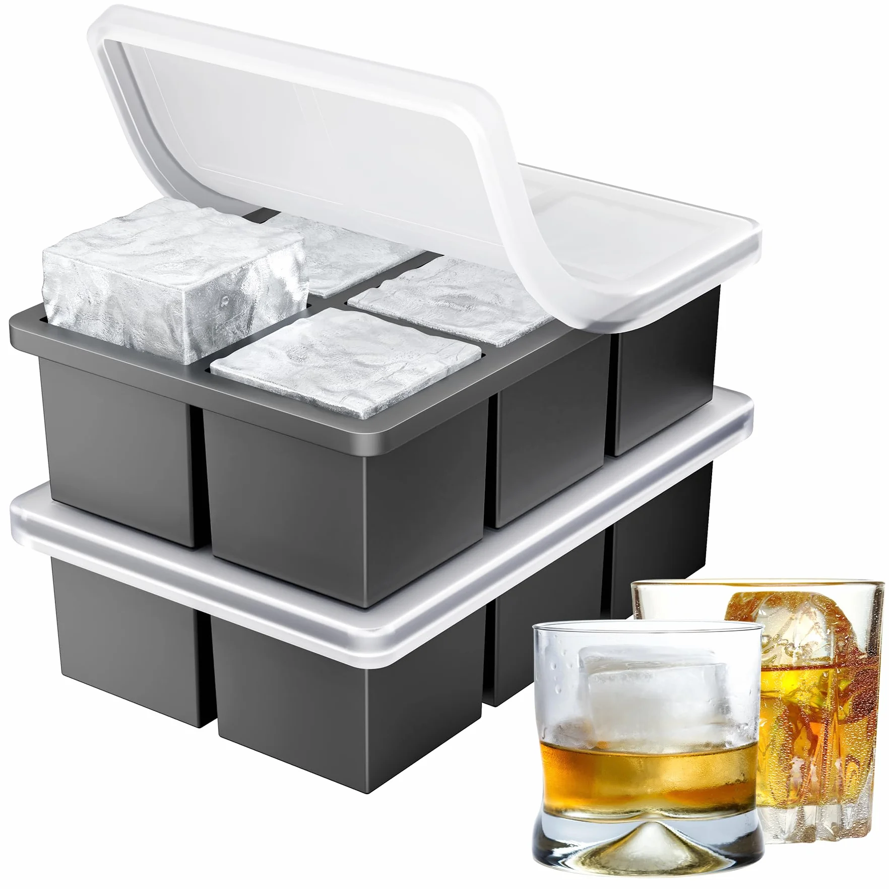 Ankway Silikonowa foremka do lodu Duża 2 sztuki, XXL Foremka do lodu z pokrywką na 5 cm 12 kostek lodu, bez BPA Premium Silikonowa foremka do lodu do schłodzonych napojów, whisky, koktajli