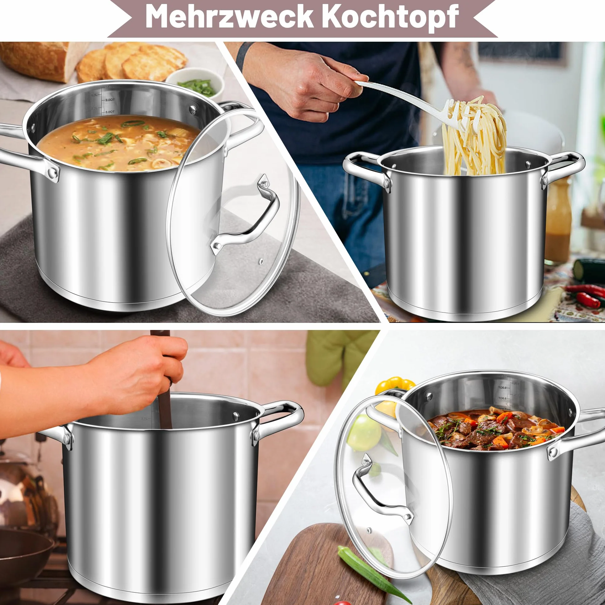 TEAMFAR Garnek do gotowania 10 l, stal nierdzewna, duży garnek do makaronu, indukcyjny z 3-warstwowym dnem, do wszystkich rodzajów kuchenek, szklana pokrywka, 24 cm, garnek do gotowania, niepowlekany