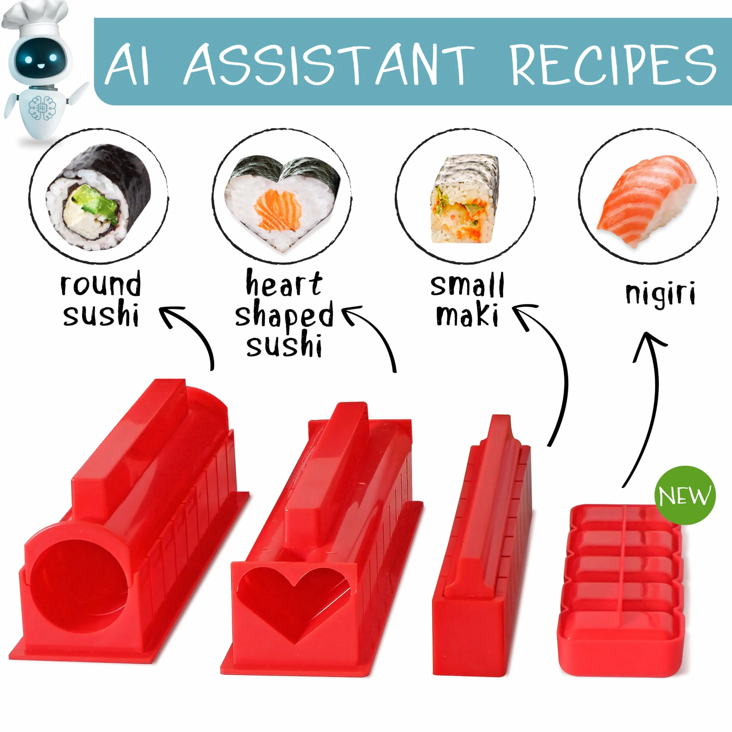 Aya Sushi Maker 3 - Asystent AI - Przepisy - 25 Sztuk - Przybory - Samouczki Wideo - Zestaw Z Nóż i Bambusową Matą - Łatwe i Przyjemne