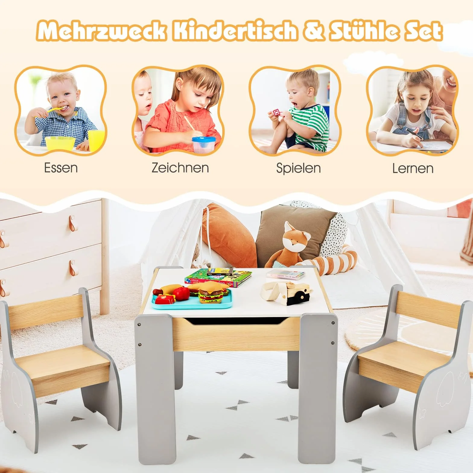 COSTWAY Stół dziecięcy z 2 krzesłami, 3-częściowy zestaw mebli do siedzenia dla dzieci z drewna z odwracalnym i zdejmowanym blatem, stół do malowania dla dzieci z miejscem do przechowywania, meble