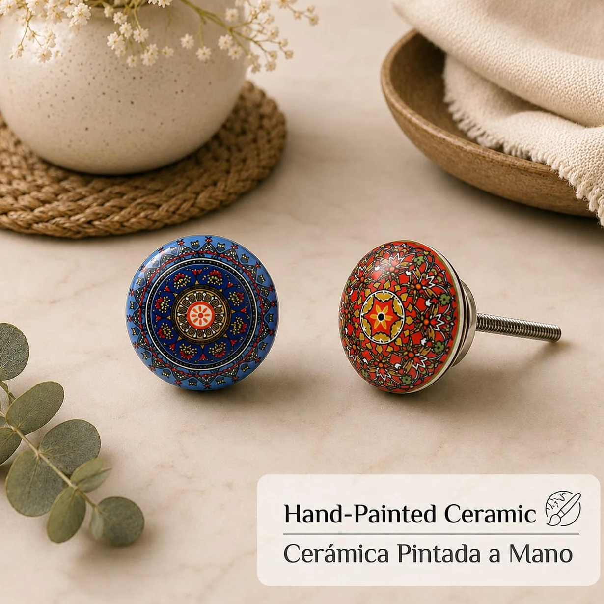 Zestaw 10 pokrętł ceramicznych z różnymi stylami kwiatowymi, ręcznie malowane. Ręcznie robione uchwyty do szafek, szuflad, komód i wieszaków. Klasyczne pokrętła o średnicy 40 mm.