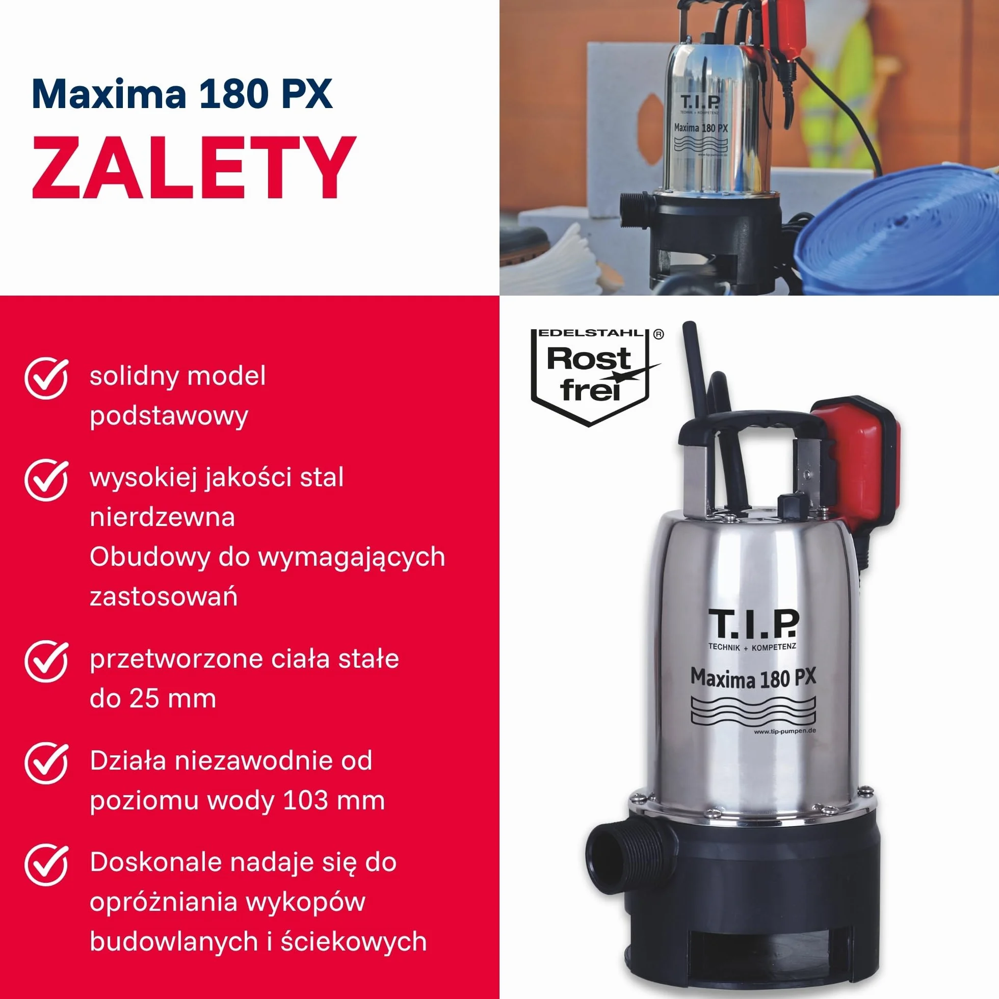 T.I.P. Pompa Zanurzeniowa TVX 7000 – Wał ze Stali Nierdzewnej, 7000 l/h, Odporna Obudowa, Odwadnianie Wykopów, Piwnic, Stawów, Automatyczny Pływakowy Wyłącznik