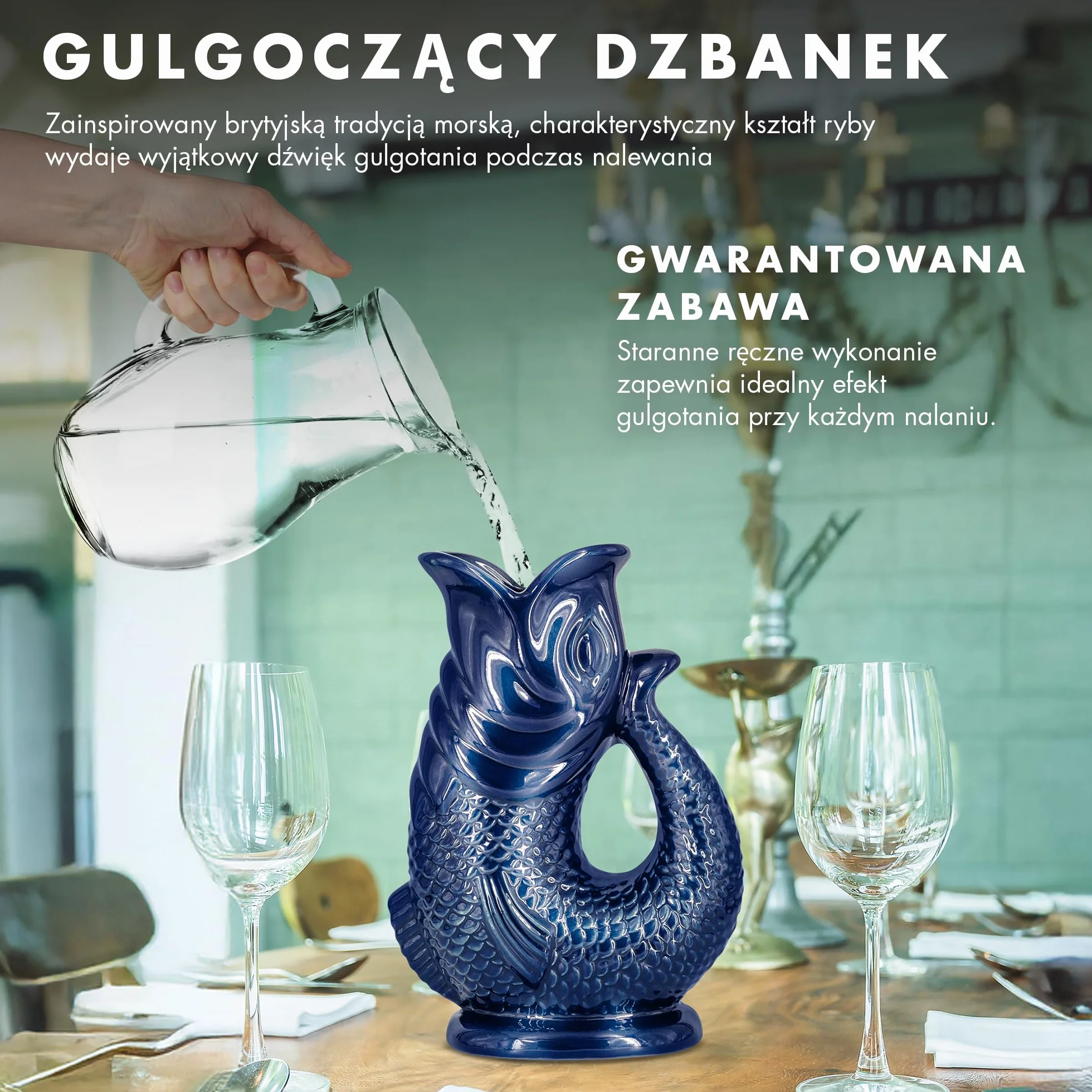 Gulgoczący dzbanek The Bubble Jug® Oceaniczna zieleń, 1,5 L – Duży, rybi ceramiczny dzbanek do serwowania koktajli, wody i ginu