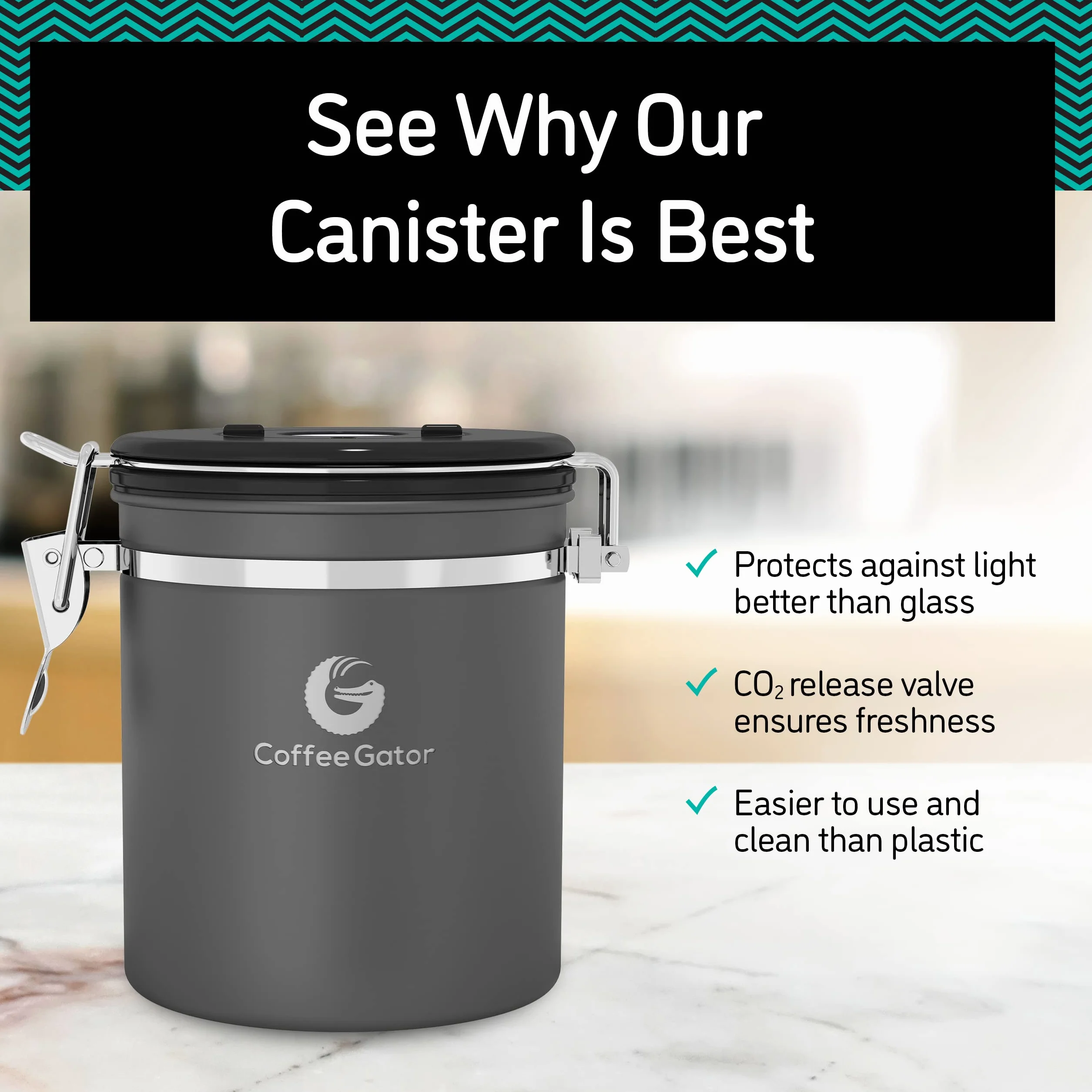 Coffee Gator Stainless Steel Coffee Grounds and Beans Container Canister with Date-Tracker, CO2-Release Valve and Measuring Scoop, Medium, Black