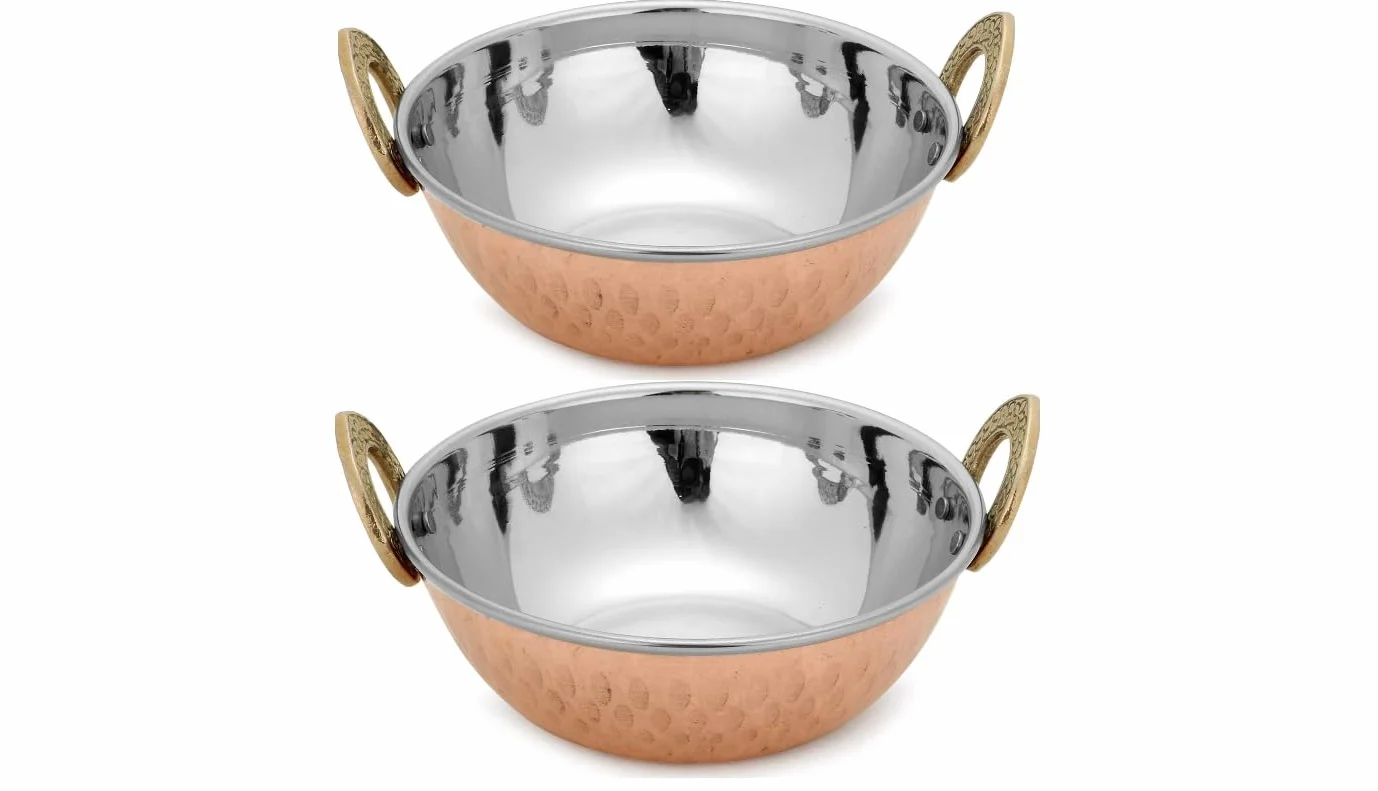Zap Impex Indyjskie naczynie do serwowania, miedź i młotkowana stal nierdzewna Karahi do indyjskich potraw i curry, zestaw 2 sztuk, średnica 19 cm, srebro 8904295400458