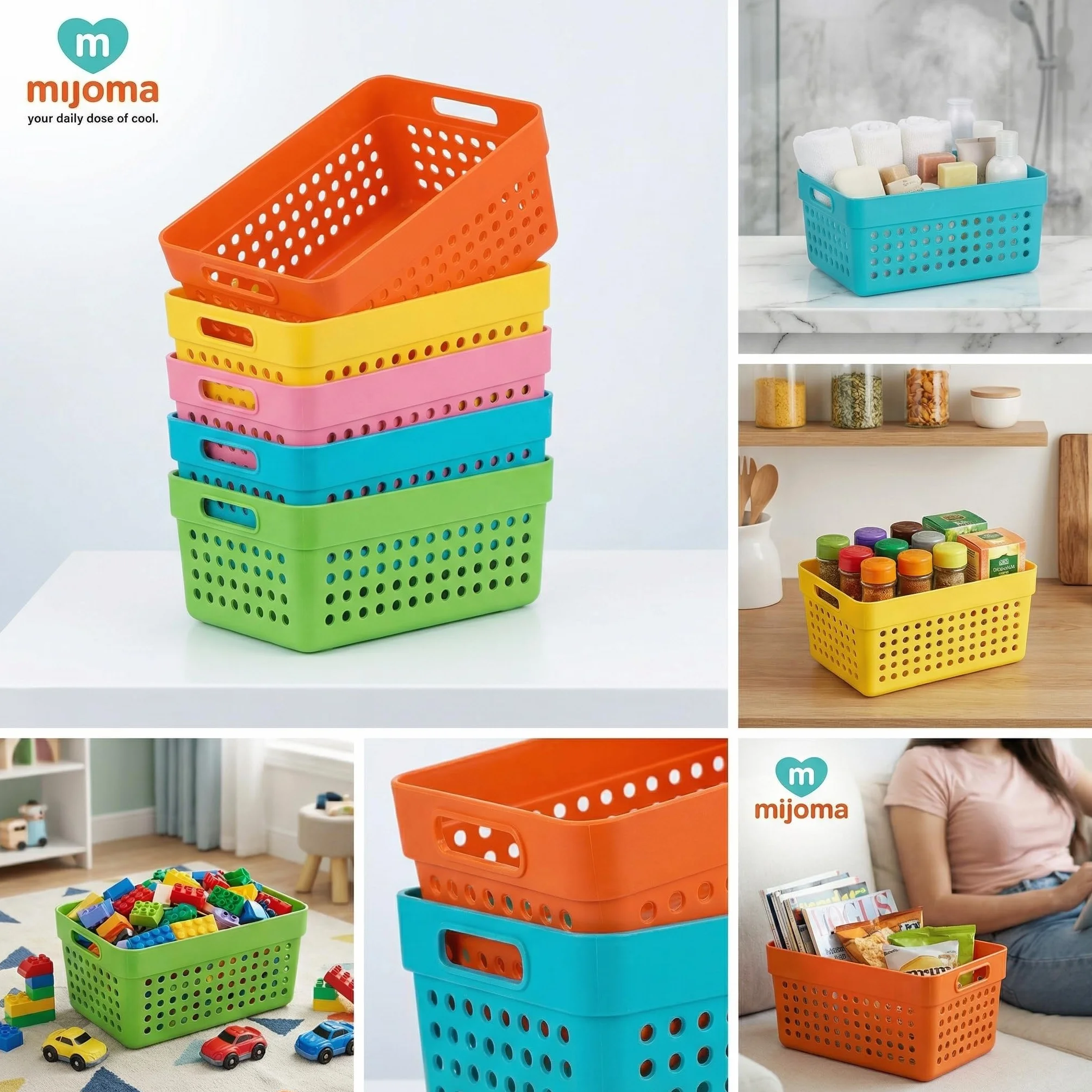 MIJOMA Kosz do przechowywania, zestaw 5 sztuk, z tworzywa sztucznego, z możliwością układania w stos, kolorowe kosze 15,5 x 11,5 x 7,5 cm – wielofunkcyjne pudełko do kuchni, łazienki, biura, pokoju