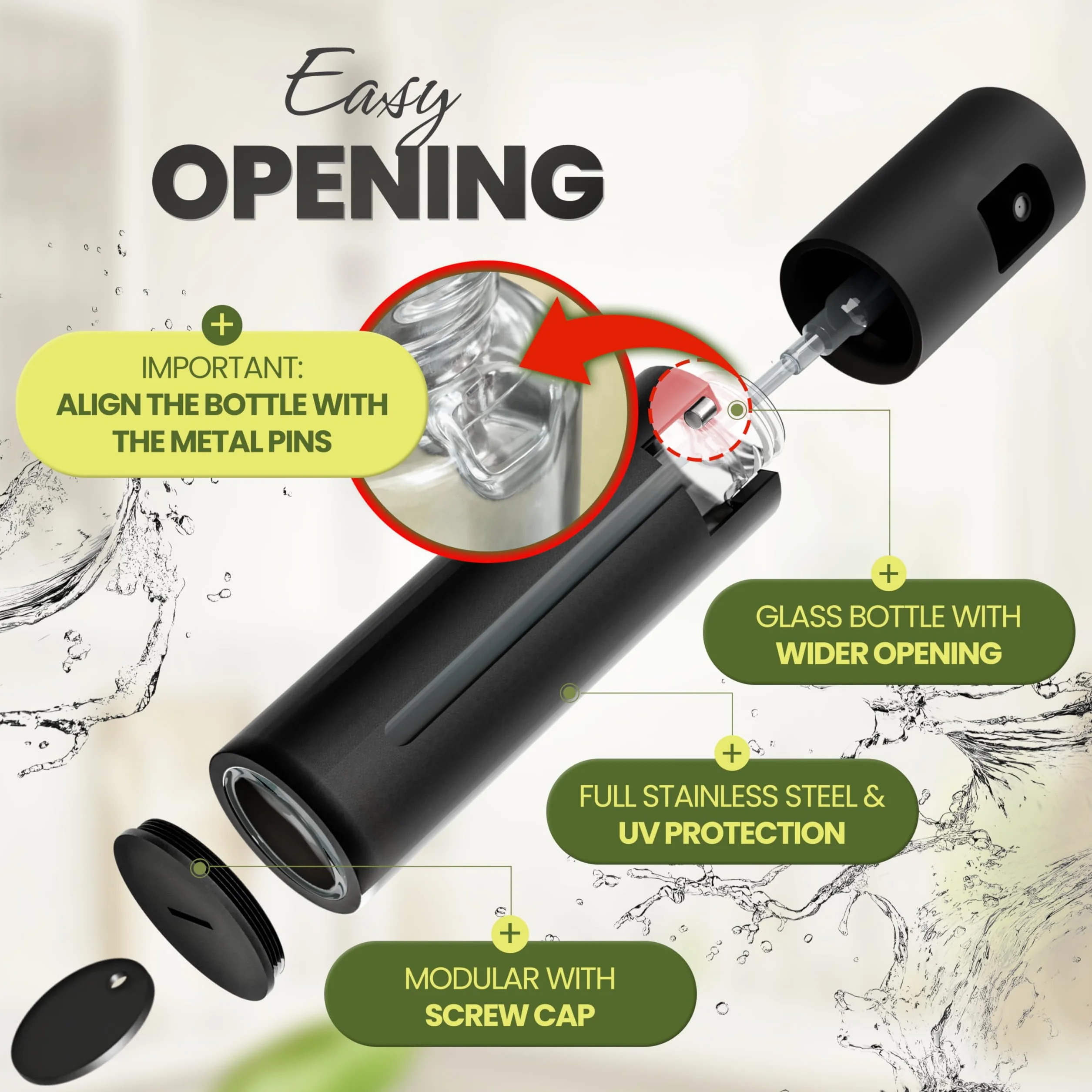 Leisure Life Opryskiwacz oleju premium 2.0 – stal nierdzewna 100 ml | ochrona przed promieniowaniem UV, nie zawiera BPA, nadaje się do mycia w zmywarce | równomierny rozpylacz | do kuchni, grilla i