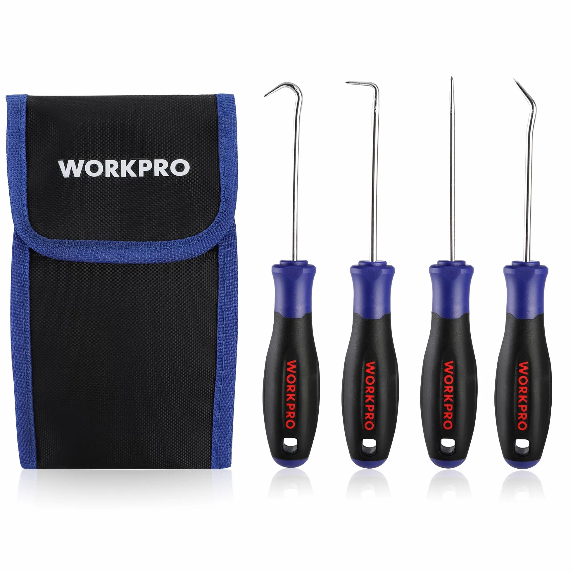 WORKPRO 4-Piece Precision Pick and Hook Set with Pouch, Angled Pick, Straight Pick, 90-degree Pick, Full Hook, Mini Pick Set Mechanic, Remove Small Fuses, Wire Plugs and "O" Rings, Gunsmith Tools