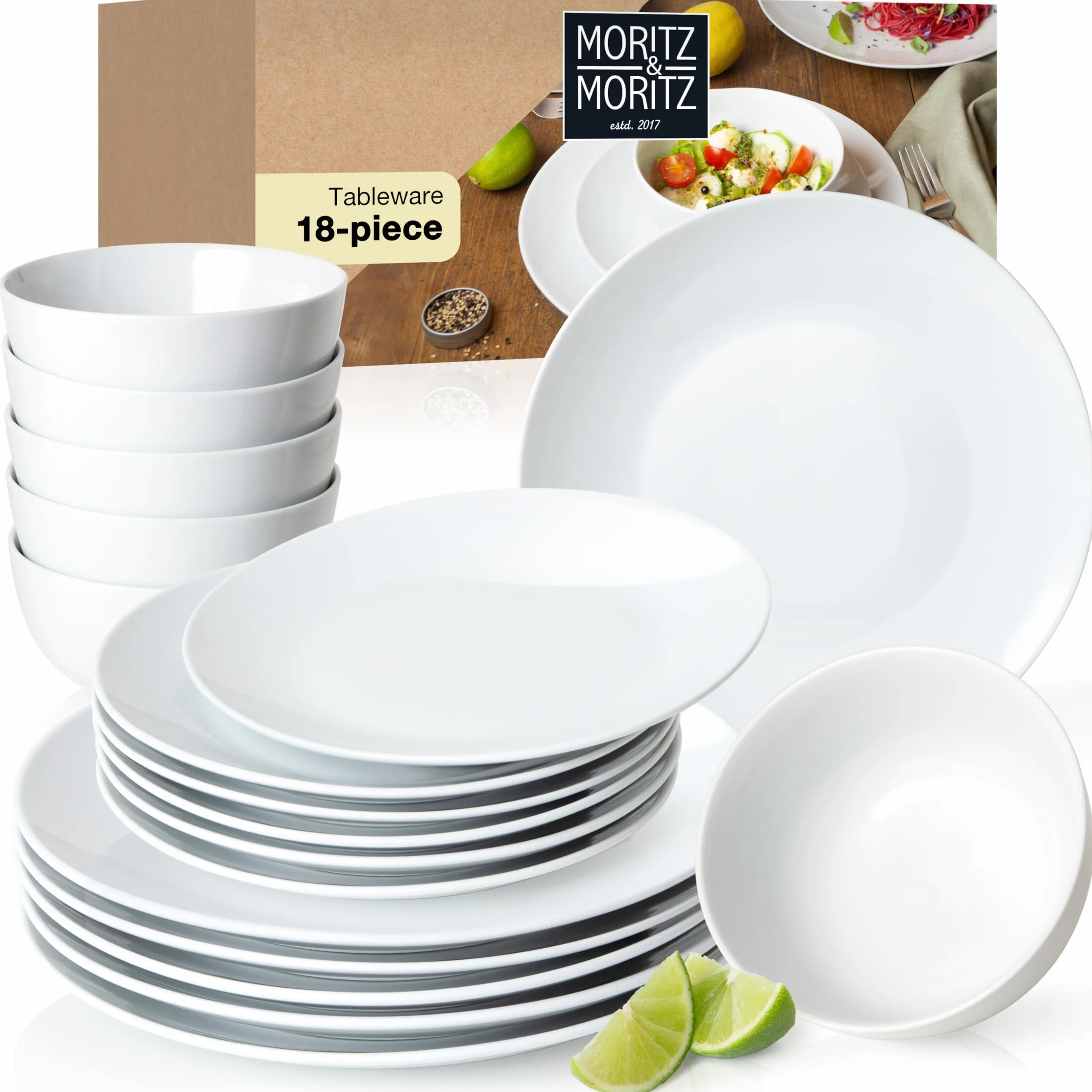 Moritz & Moritz BASIC 18-częściowy zestaw naczyń dla 6 osób, nowoczesny – z wysokiej jakości porcelany w klasycznej bieli – składający się z 6 talerzy obiadowych, 6 talerzy deserowych i 6 miseczek