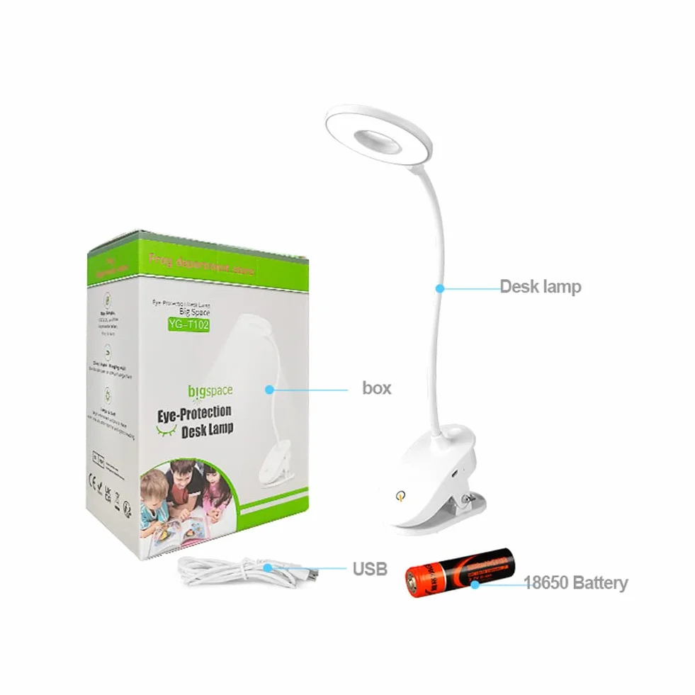 Lampa do czytania z klipsem, zasilana bateriami z 3 poziomami jasności, ładowana przez USB