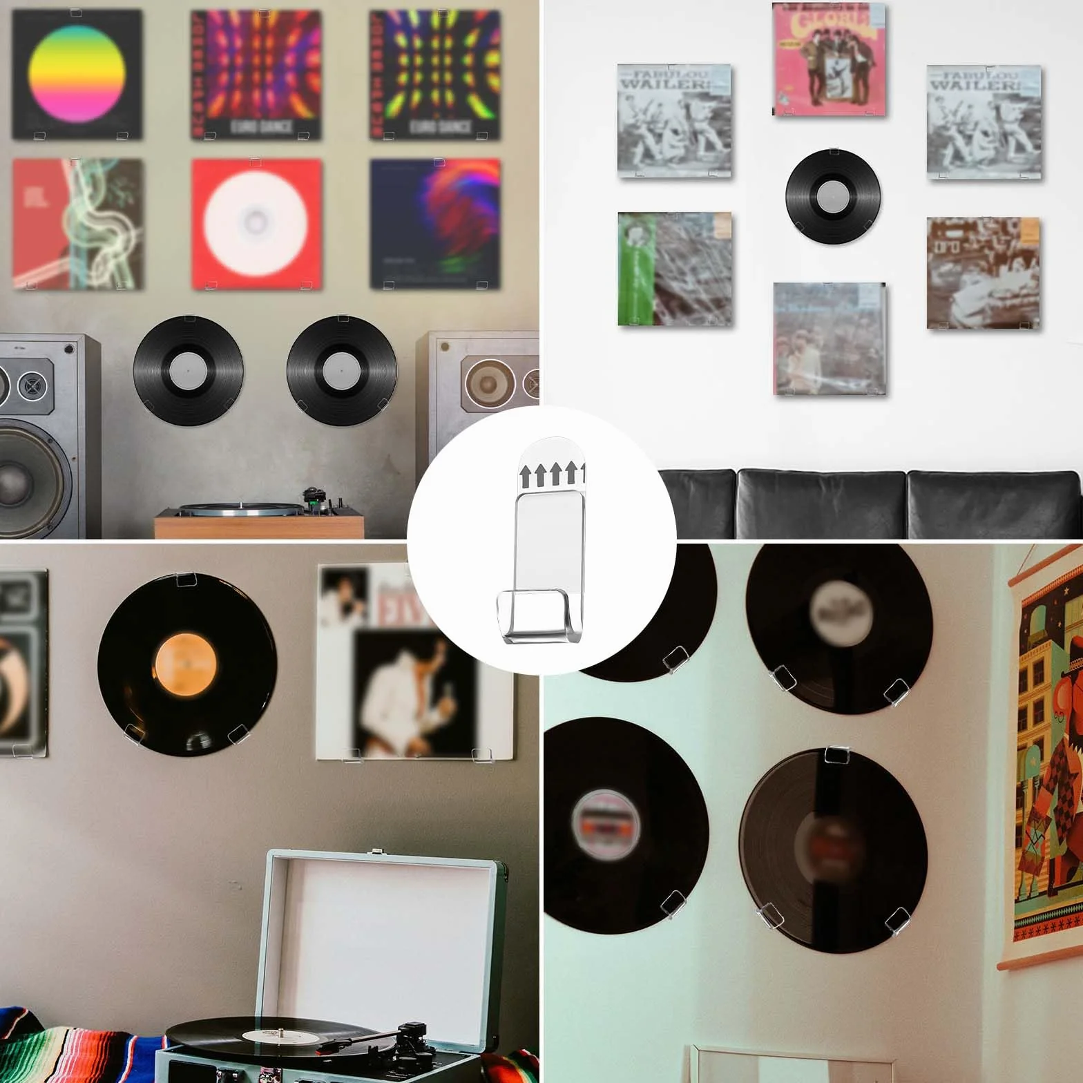 12szt Pólka do Montazu na Scianie Plyty Winylowej, Samoprzylepny Uchwyt na Plyte Winylowa bez Wiertla Przezroczysty Akrylowy Wieszak do Przechowywania Albumów z Tasma na Karte CD Kolekcje