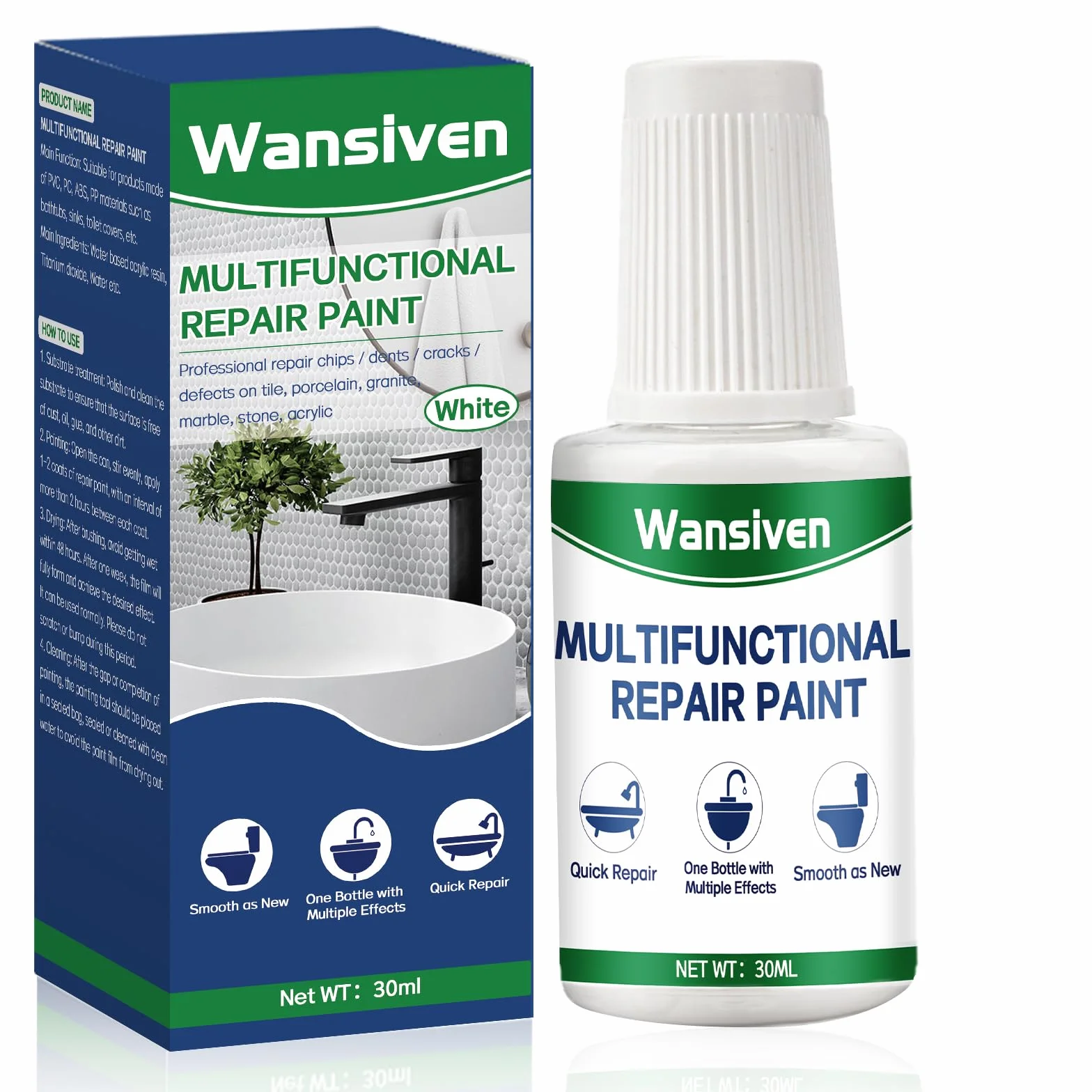 Wansiven Lakier do wanny, Lakier do naprawy płytek Specjalizuje się w naprawianiu drobnych wad, zadrapań i pęknięć w ceramice wanien i zlewów 30ml