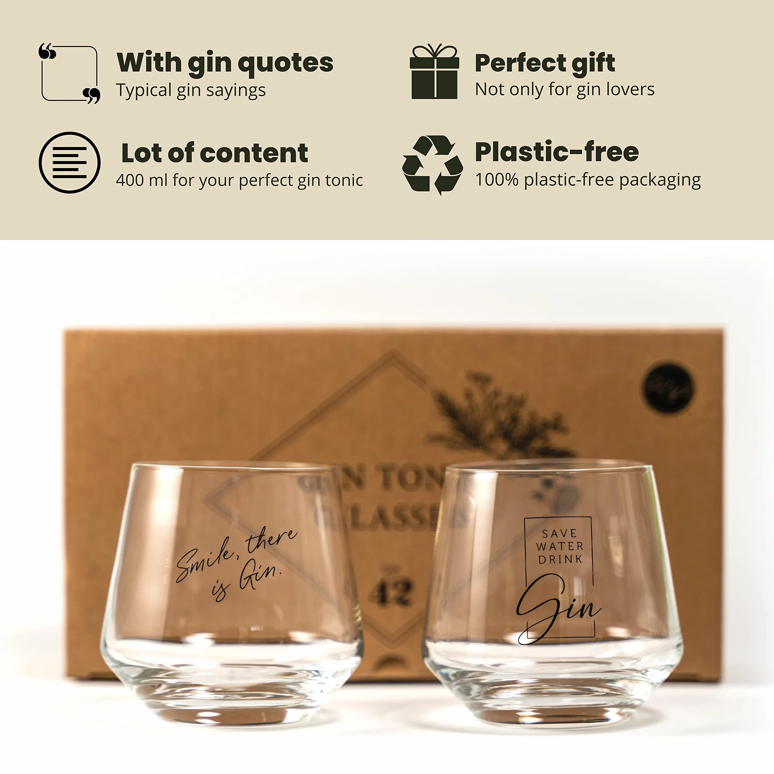Kieliszki do Ginu - Zestaw 2 Szt. z Typowymi Sentencjami | 2 x 400 ml | Nadają Się do Dużych Kostek Lodu | Mycia w Zmywarce | Pomysł na Prezent