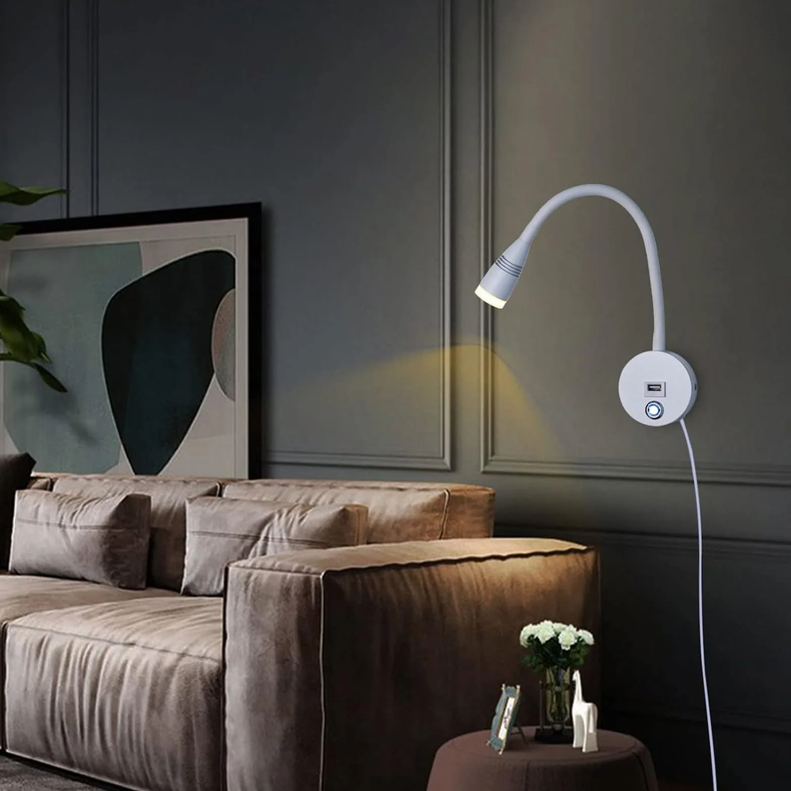 lampa ścienna led 6W światło do czytania, Lampka do czytania z przełącznikiem, Lampa na gęsiej szyi łabędzia lampa do czytania nowoczesna regulowane oświetlenie ścienne, Ściemniania 3000K-6500K, z kablem o długości 1,9 m i wtyczką