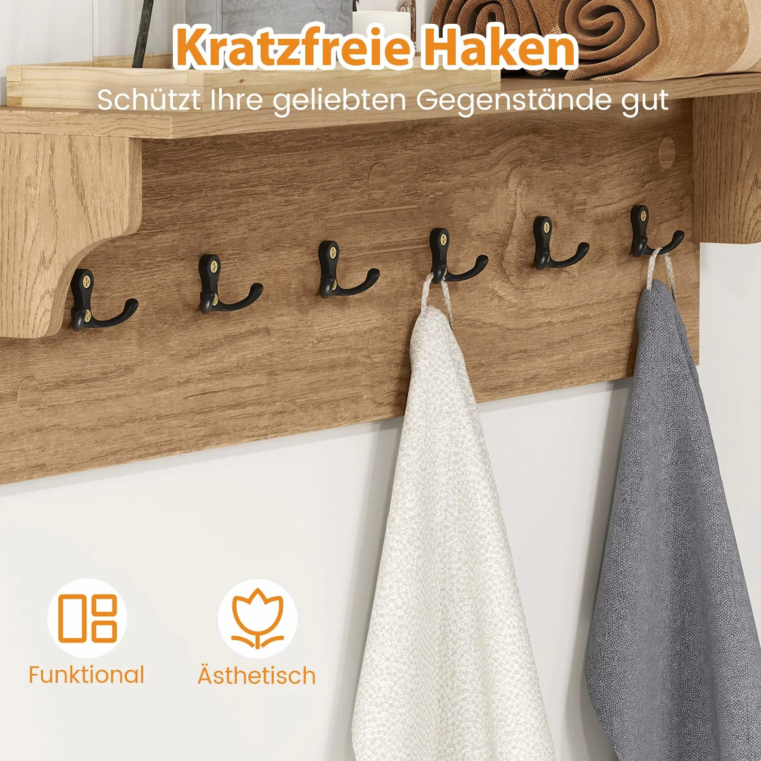 COSTWAY Garderoba Ścienna z Półką i 6 Haczykami, Drewniany Wieszak Ścienny na Ubrania i Akcesoria, Wiszący Regał do Przedpokoju, Sypialni lub Łazienki, 80 x 14 x 20 cm, Naturalny