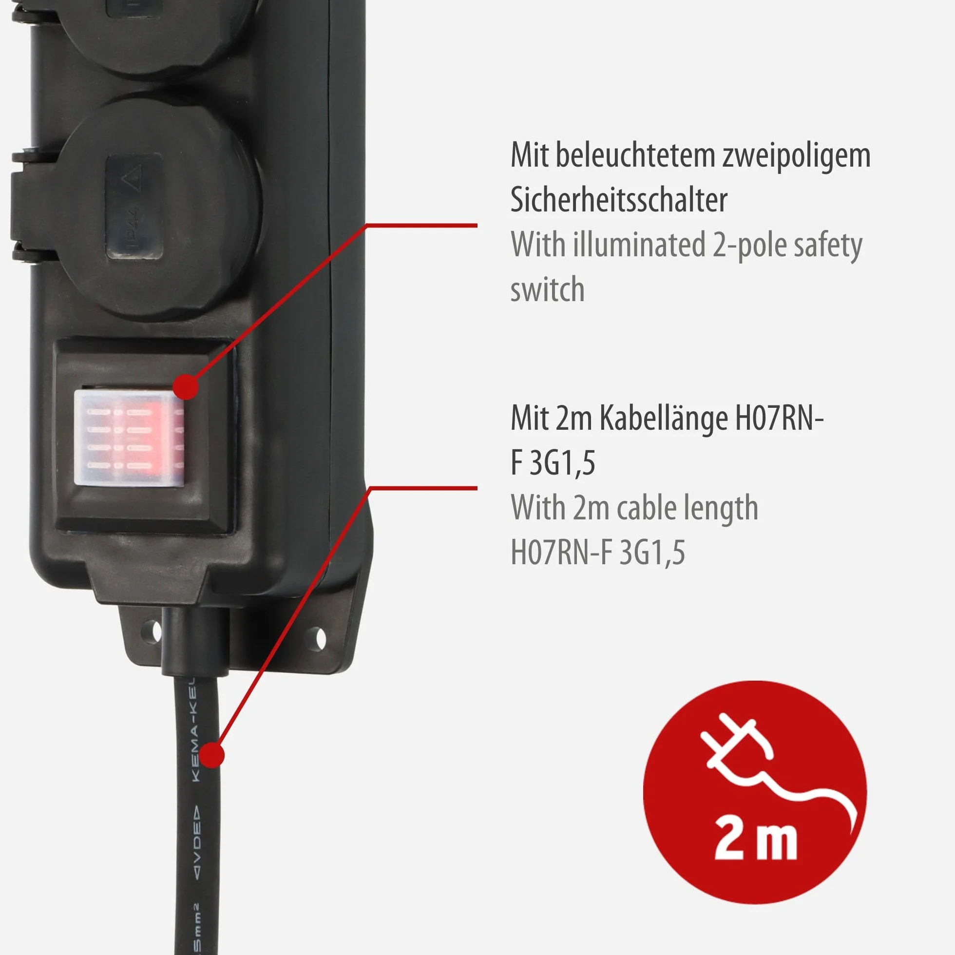 Brennenstuhl Rozdzielacz gniazd z przełącznikiem IP44 3-drożny czarny 2 m H07RN-F 3G1,5