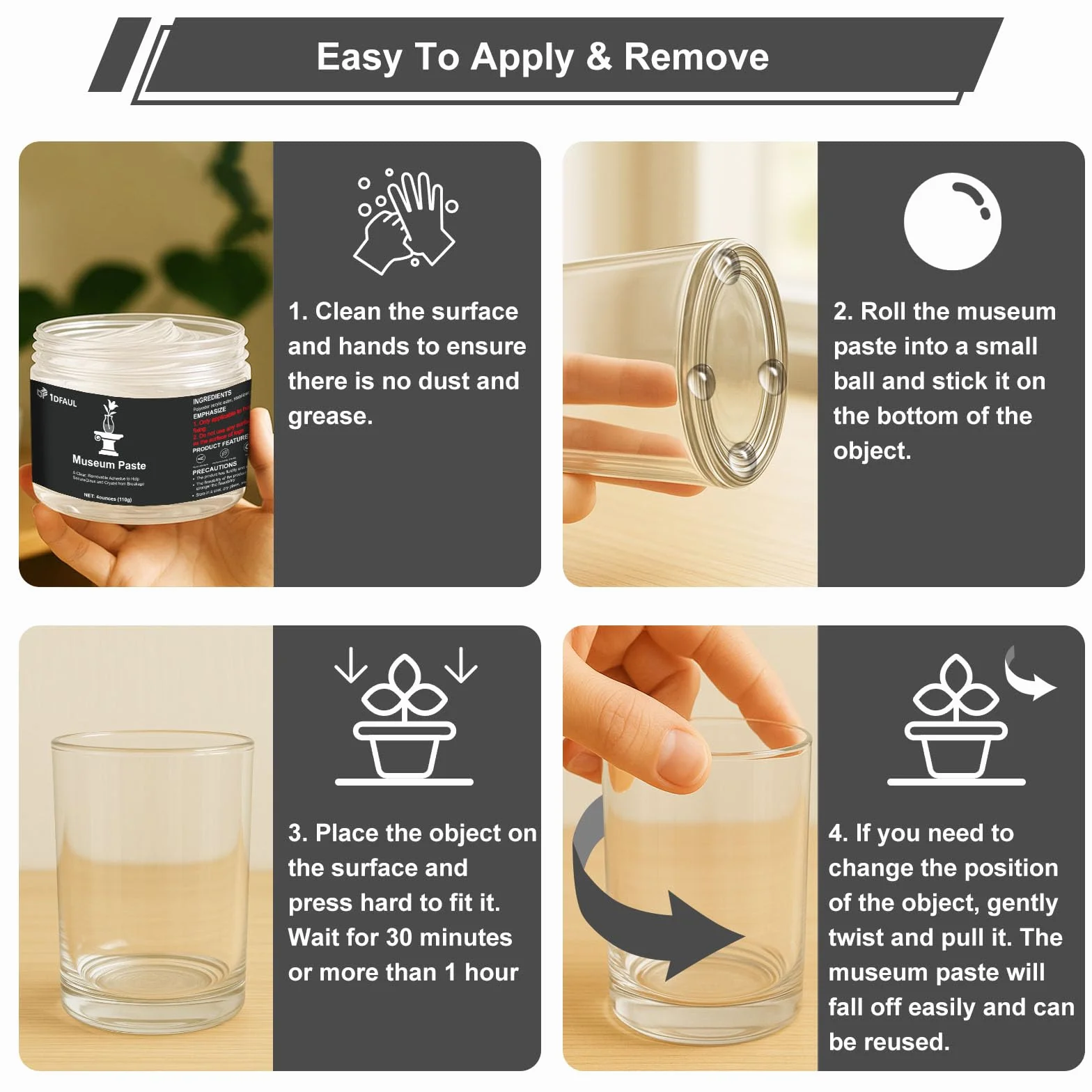 1DFAUL 110 g żel muzealny, Removable Clear Museum Paste Putty Wax, wielokrotnego użytku i bez pozostawiania śladów, stałe przedmioty kolekcjonerskie i dekoracje zapobiegające wstrząsom i upadkom