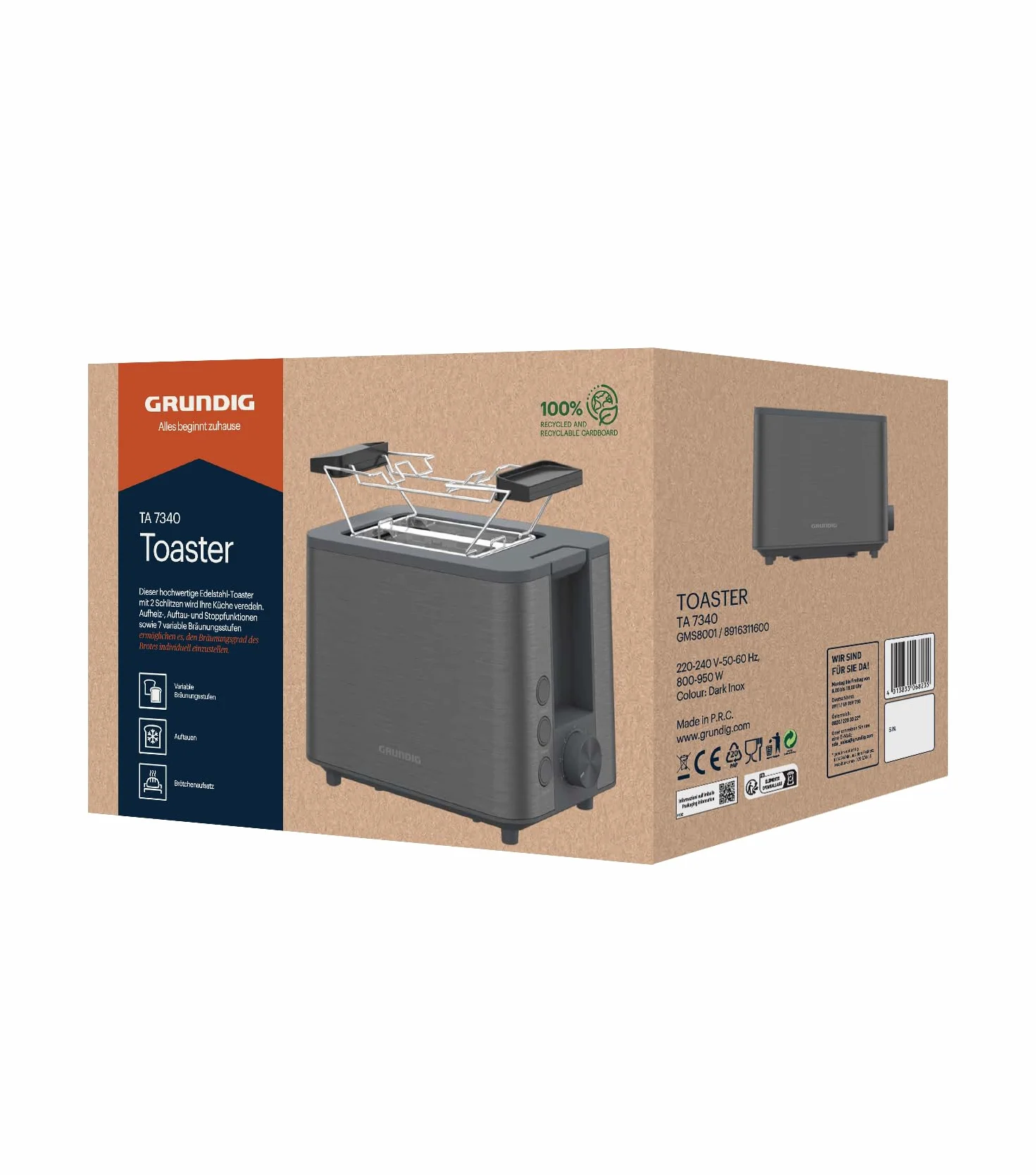 Grundig TA 7340 toster, moc 950 W, automatyczna funkcja pop-up i centrowanie chleba, zmienny stopień opiekania, wyjmowana szuflada na okruchy, 2 przegródki do pieczenia, zwijanie kabla, Dark Inox