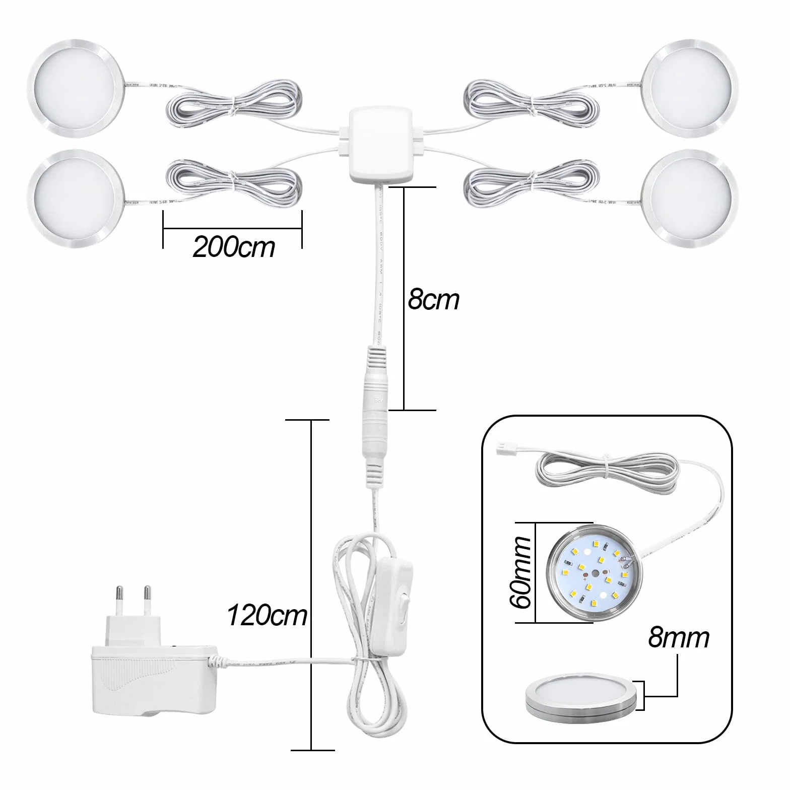 4. Lampa do szafy LED, oświetlenie LED do kuchni pod szafką, ciepła biel, oświetlenie punktowe LED do szafy kuchennej, szafy, na kemping, do przedpokoju, toalety, 250 lm, akcesoria w zestawie