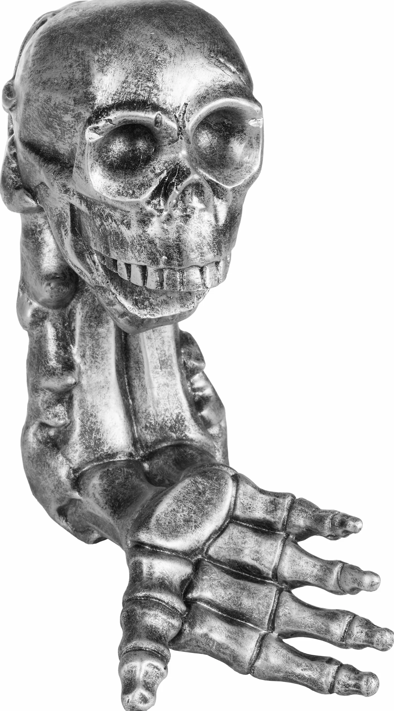 BRUBAKER Uchwyt na butelkę wina czaszka - uchwyt na butelkę do picia czaszka ze szkieletem ręka srebrny - stojak na butelkę Deco Figurka ręcznie malowane akcesoria do wina - śmieszna dekoracja