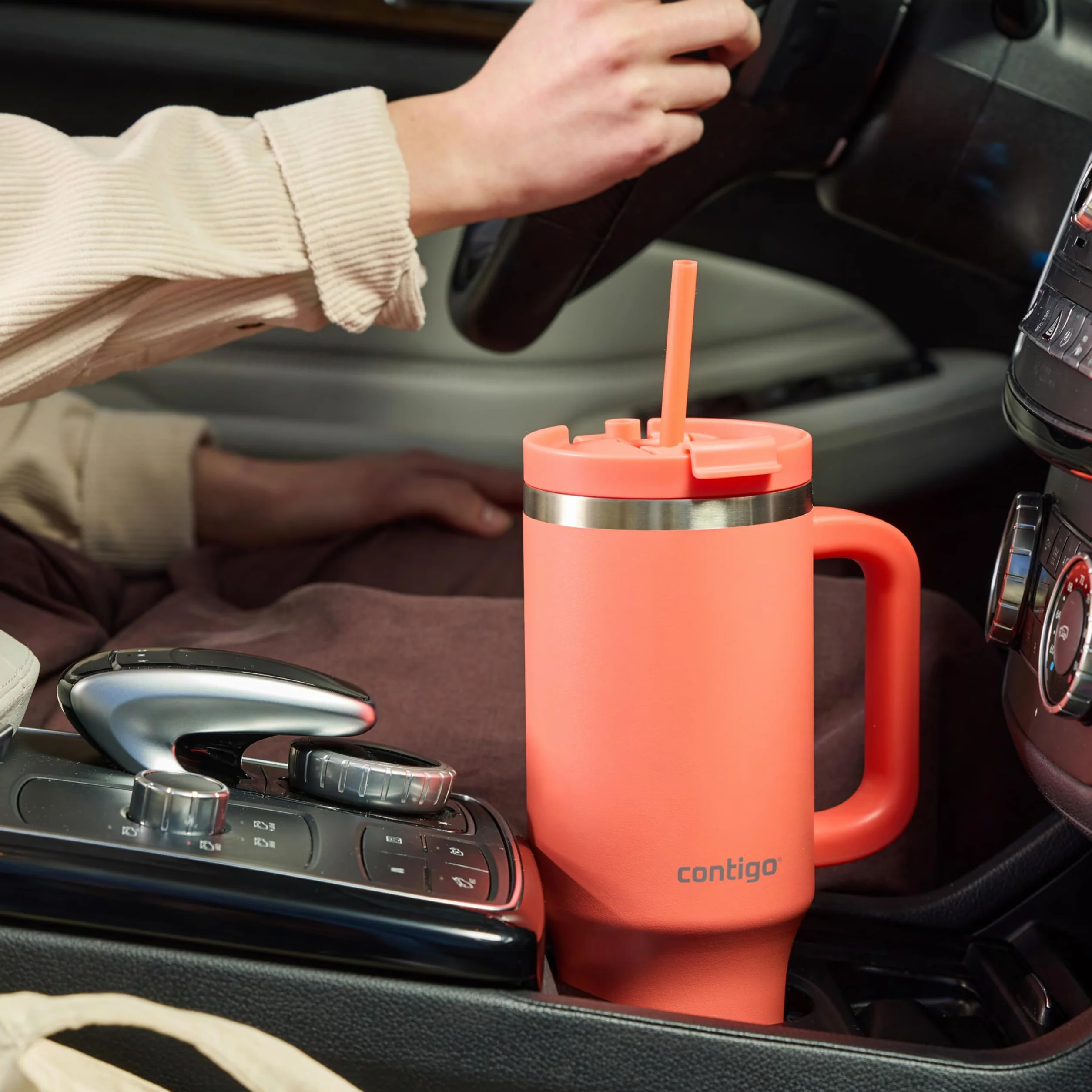 Contigo Tumbler 1200 ml z uchwytem, izolowana próżniowo butelka na wodę ze słomką i pokrywką, zimna przez 29 godzin, kubek podróżny, termos termiczny, nie zawiera BPA, koralowy