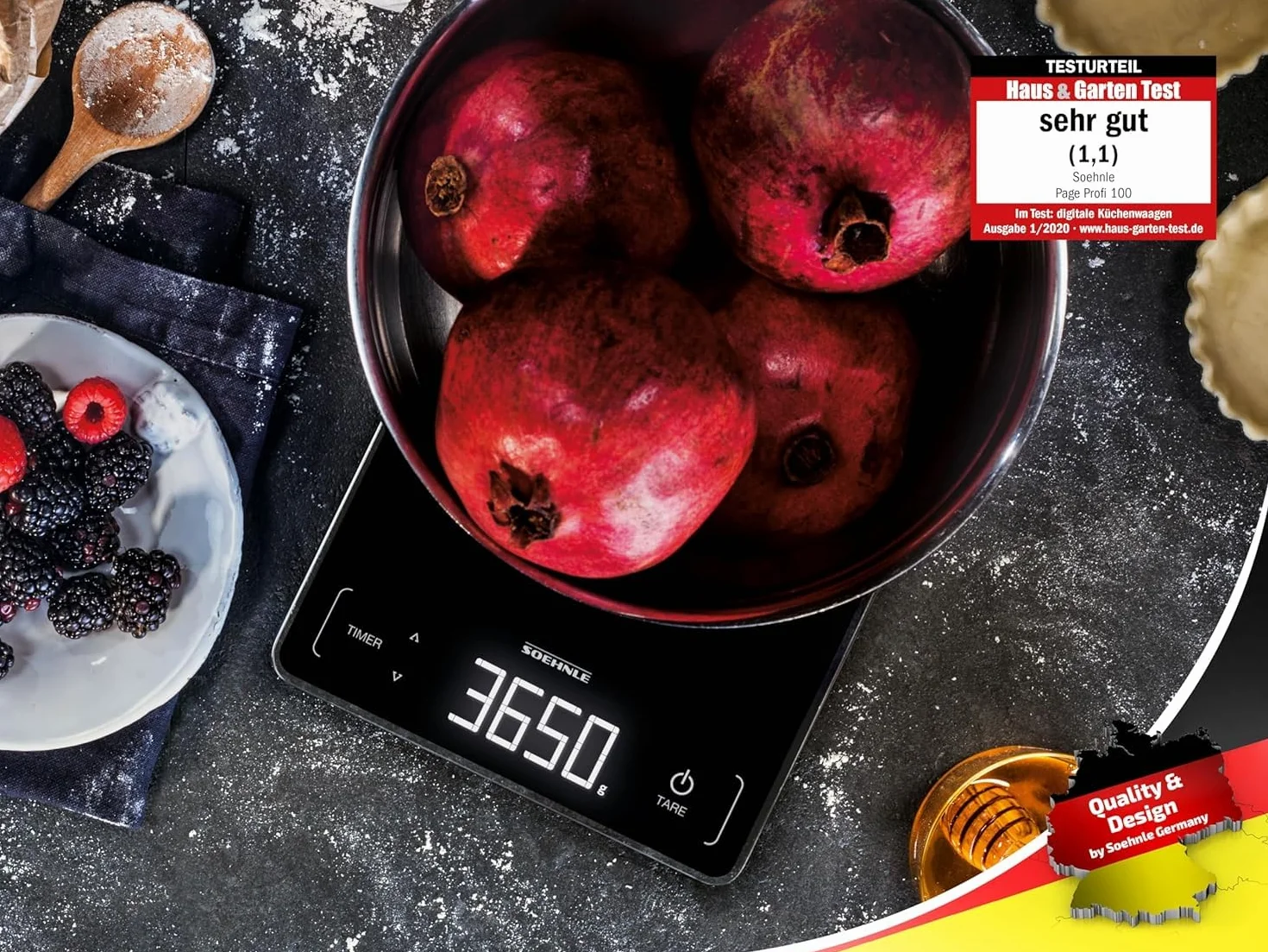 Soehnle Page Profi 100, cyfrowa waga kuchenna, czarna, waga do 15 kg (dokładność 1 g), do gospodarstwa domowego z czujnikiem dotykowym, elektroniczna wraz z bateriami, podświetlany wyświetlacz LED
